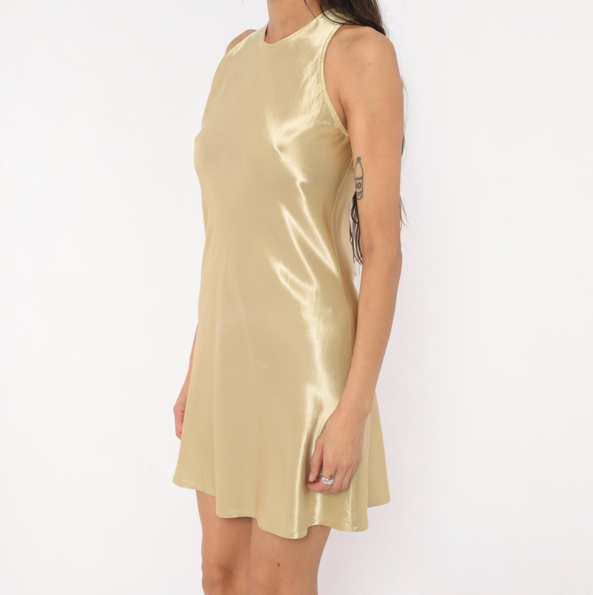 90s All That Jazz Gold Satin Mini Dress Sleeveless Shift Extra Small XS