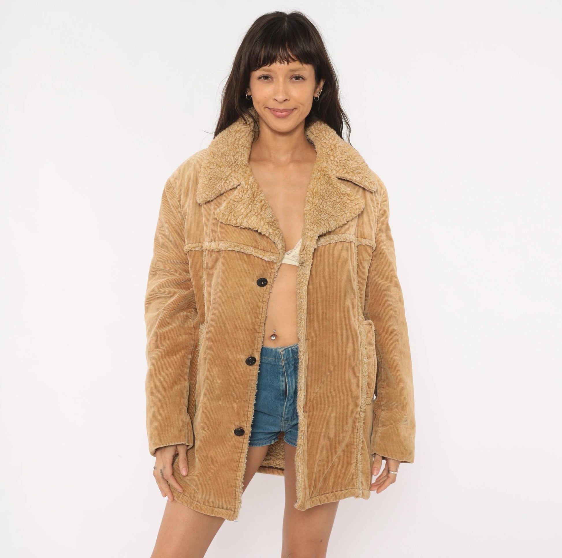 70s JCPenney Tan Corduroy Sherpa Coat Button Front Jacket Medium M