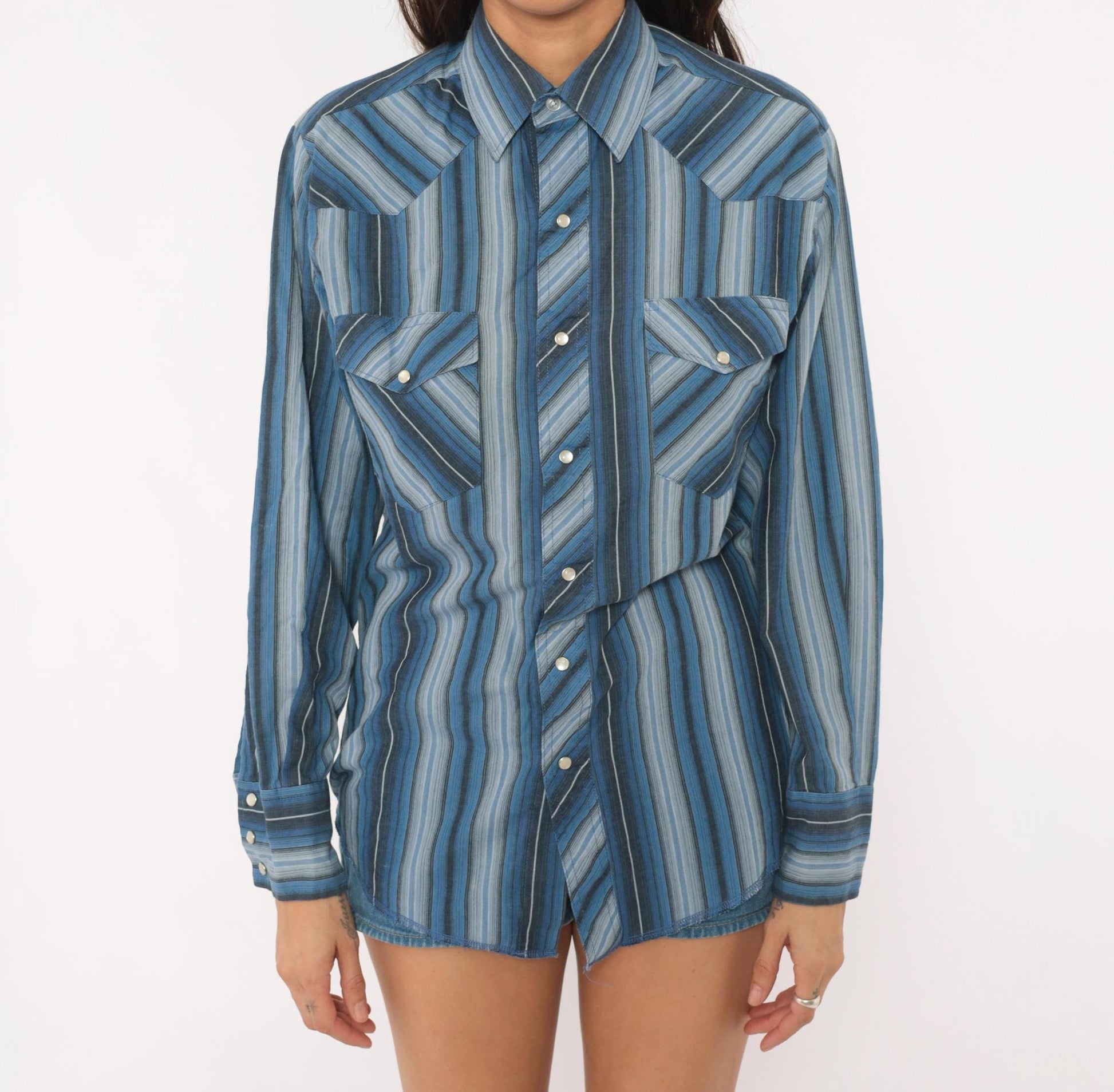 90s Wrangler Western Shirt Blue Striped Pearl Snap Pointed Collar Small S