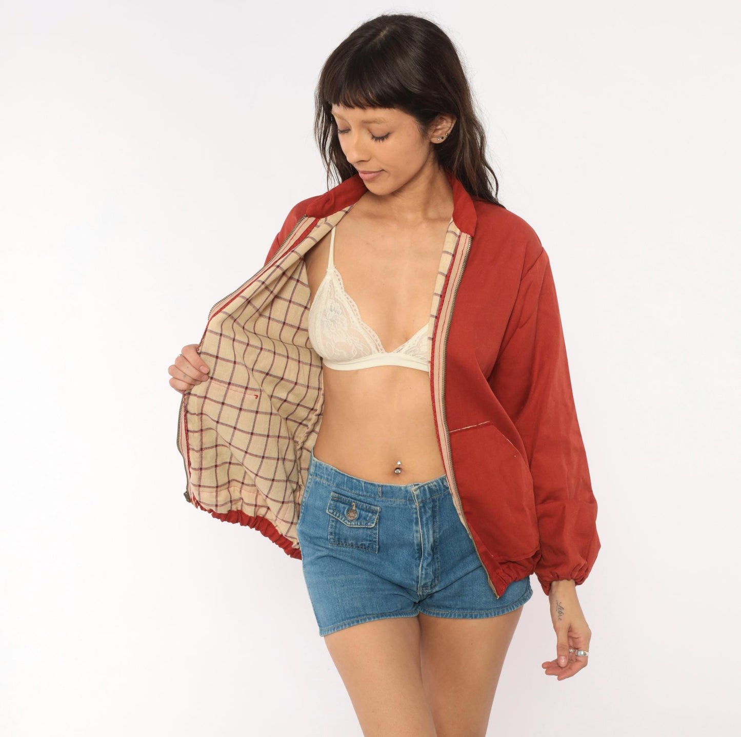 70s Rust Bomber Jacket Cotton Plaid Lined Stand Collar Zip Front Medium
