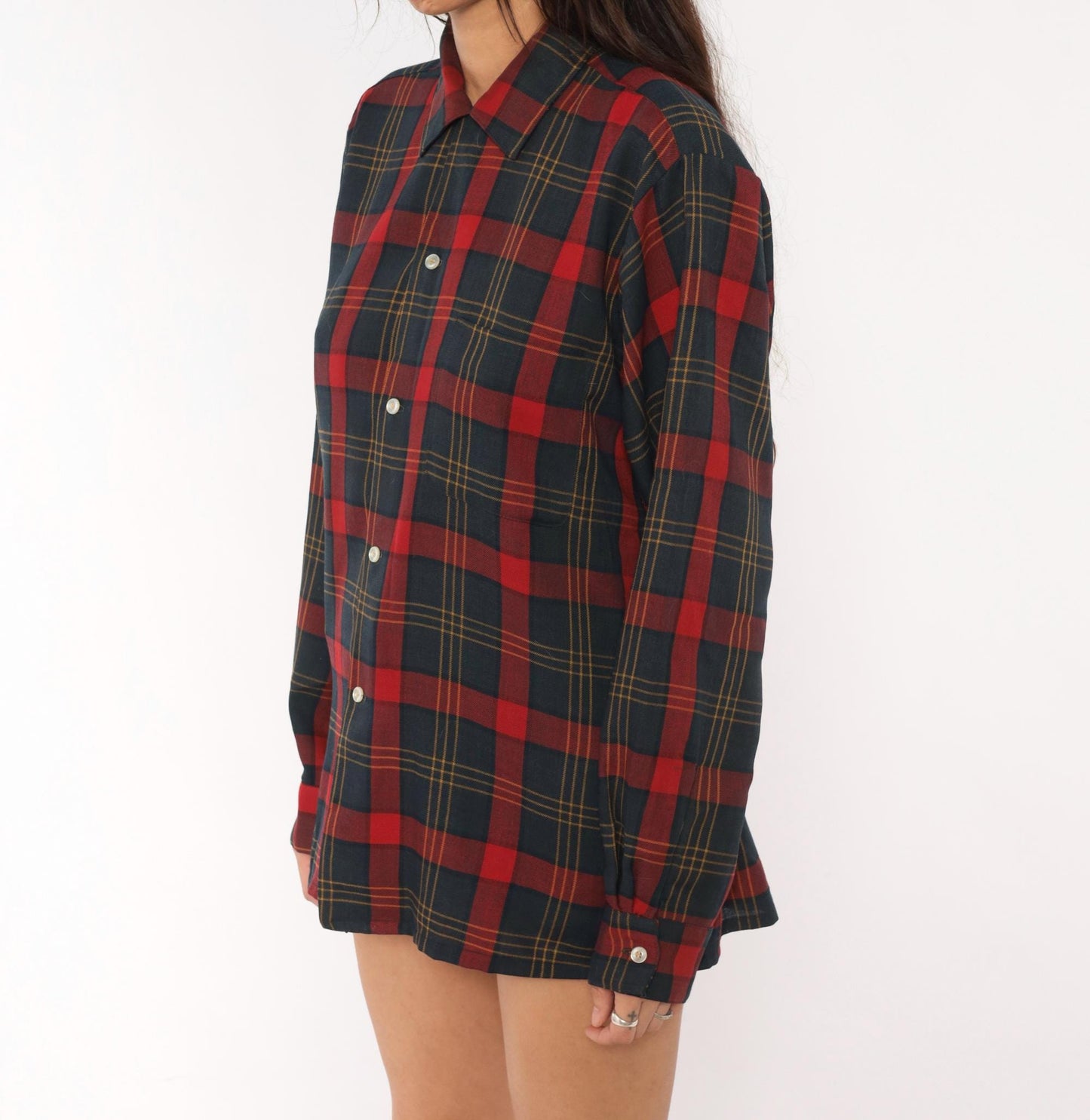 60s Arrow Plaid Wool Shirt Burgundy Navy Pointed Collar Button-Up Medium