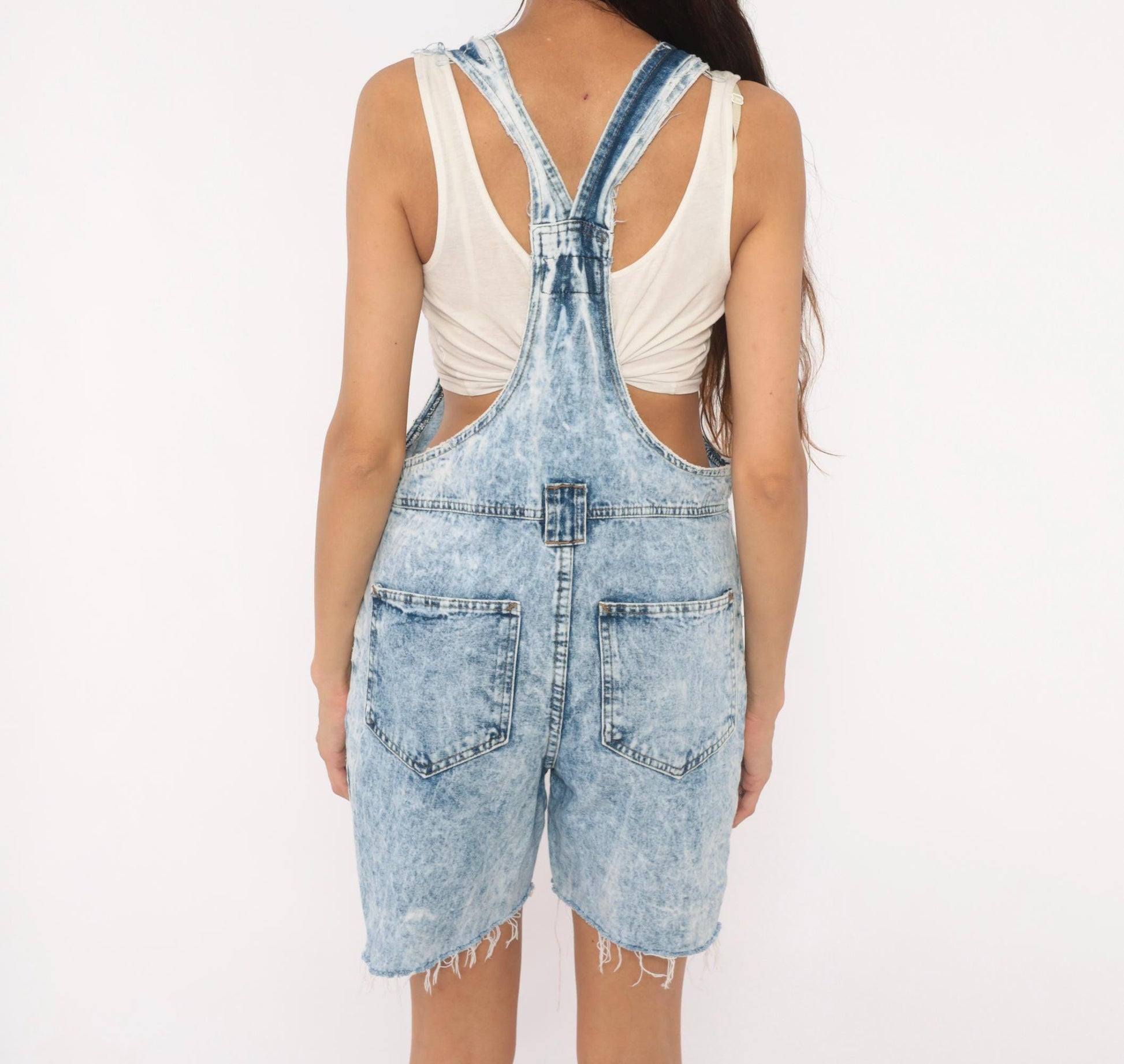 90s Weathered Blues Acid Wash Denim Shortalls Light Blue Cotton Small S