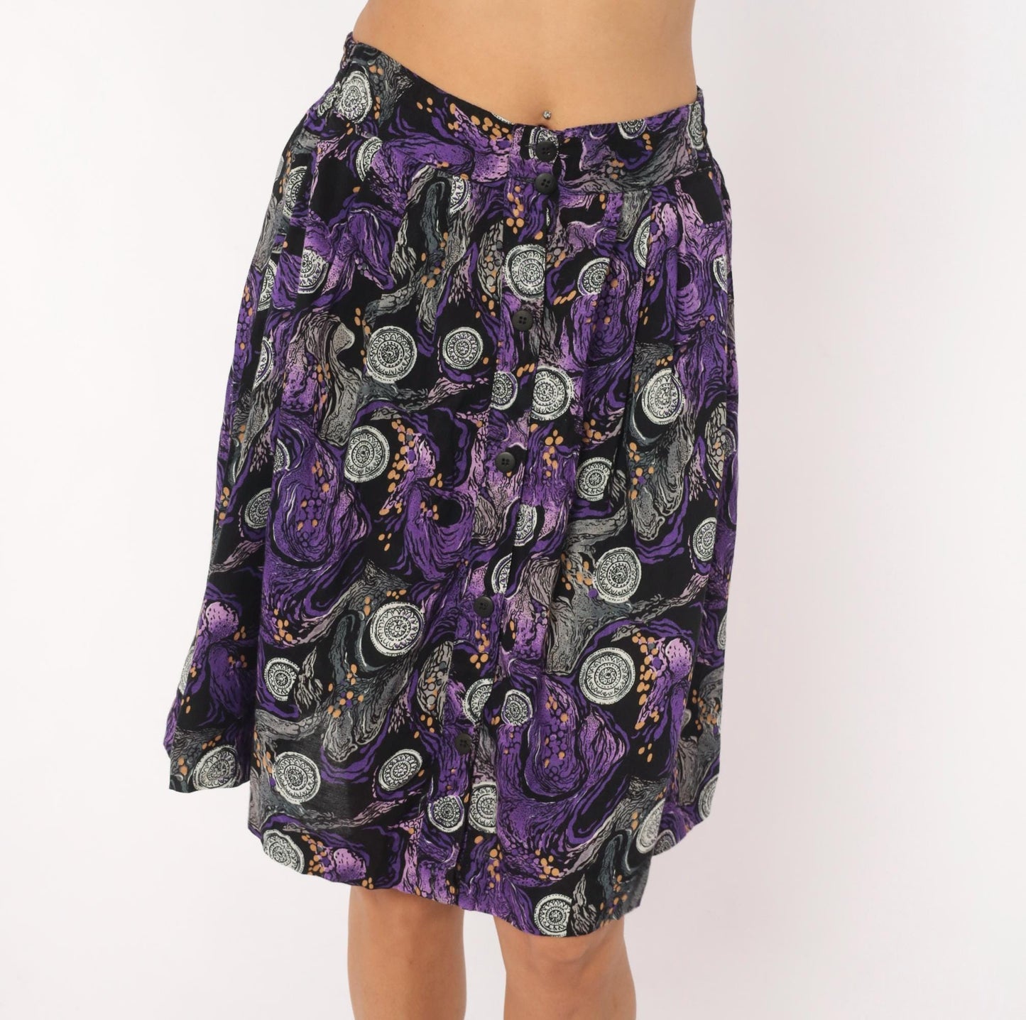 90s A Fine Line Abstract Swirl Mini Skirt Purple Button Front Small