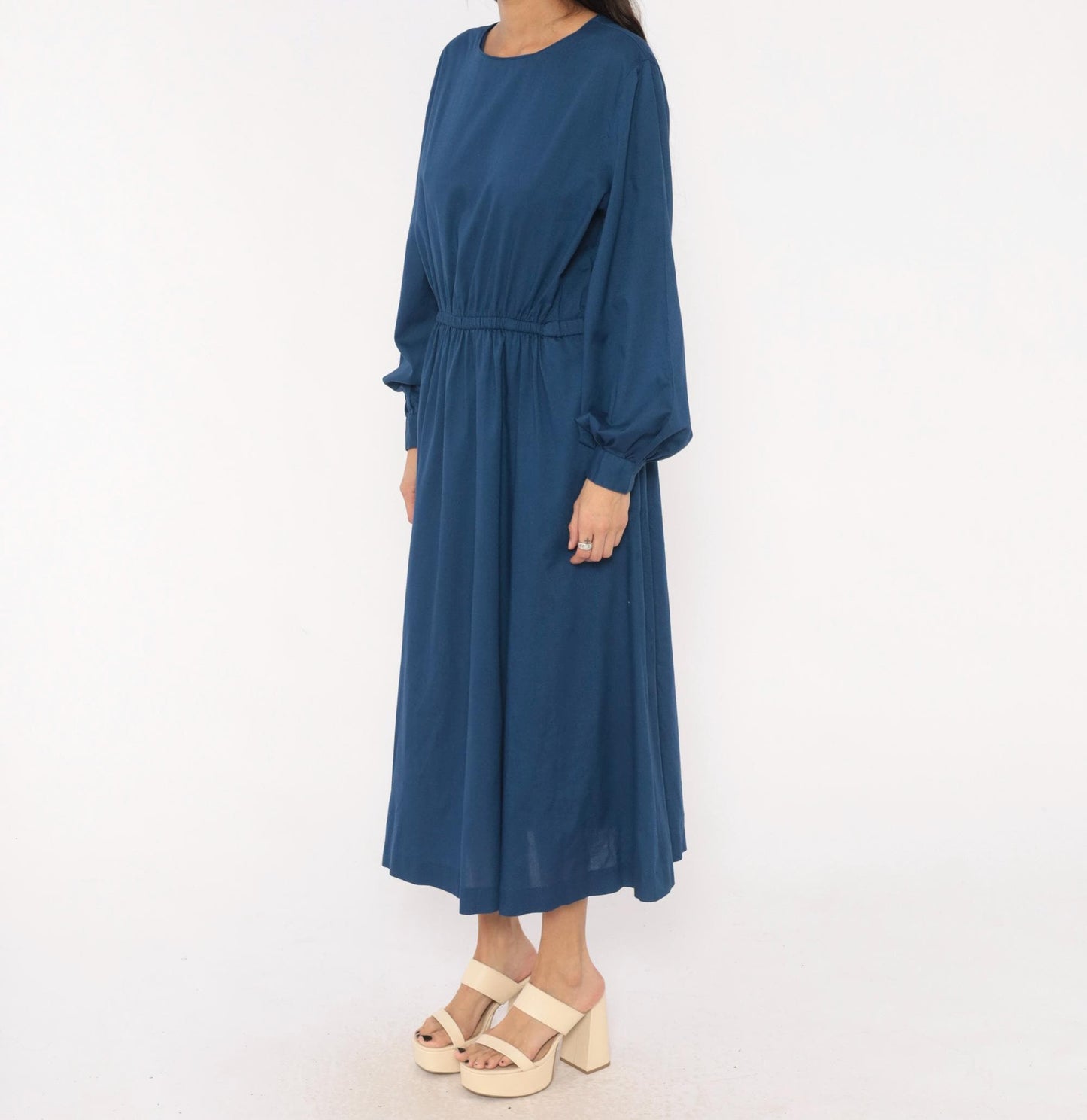 80s Navy Cotton Midi Dress Balloon Sleeve Elastic Waist Small Medium