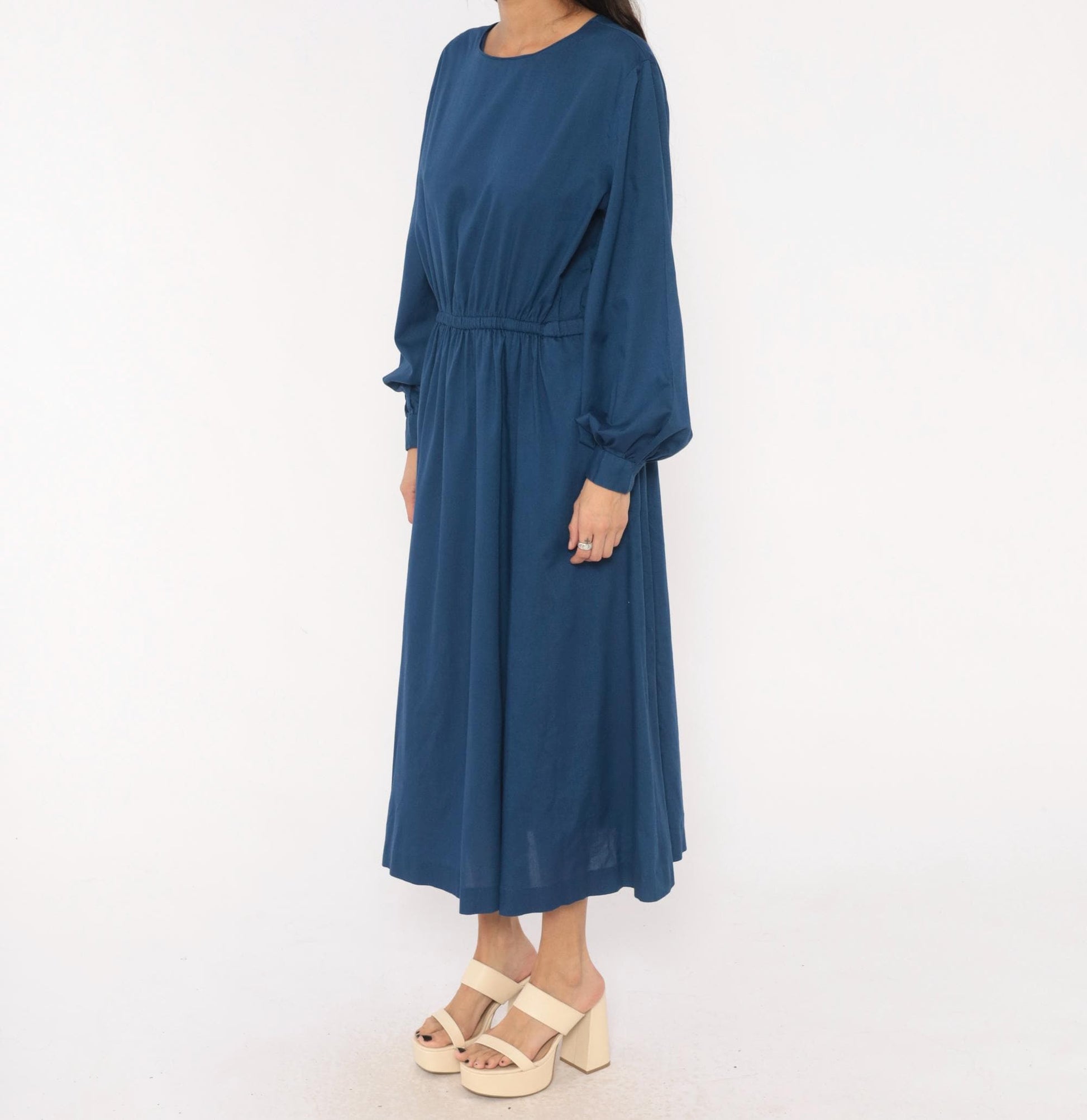 80s Navy Cotton Midi Dress Balloon Sleeve Elastic Waist Small Medium