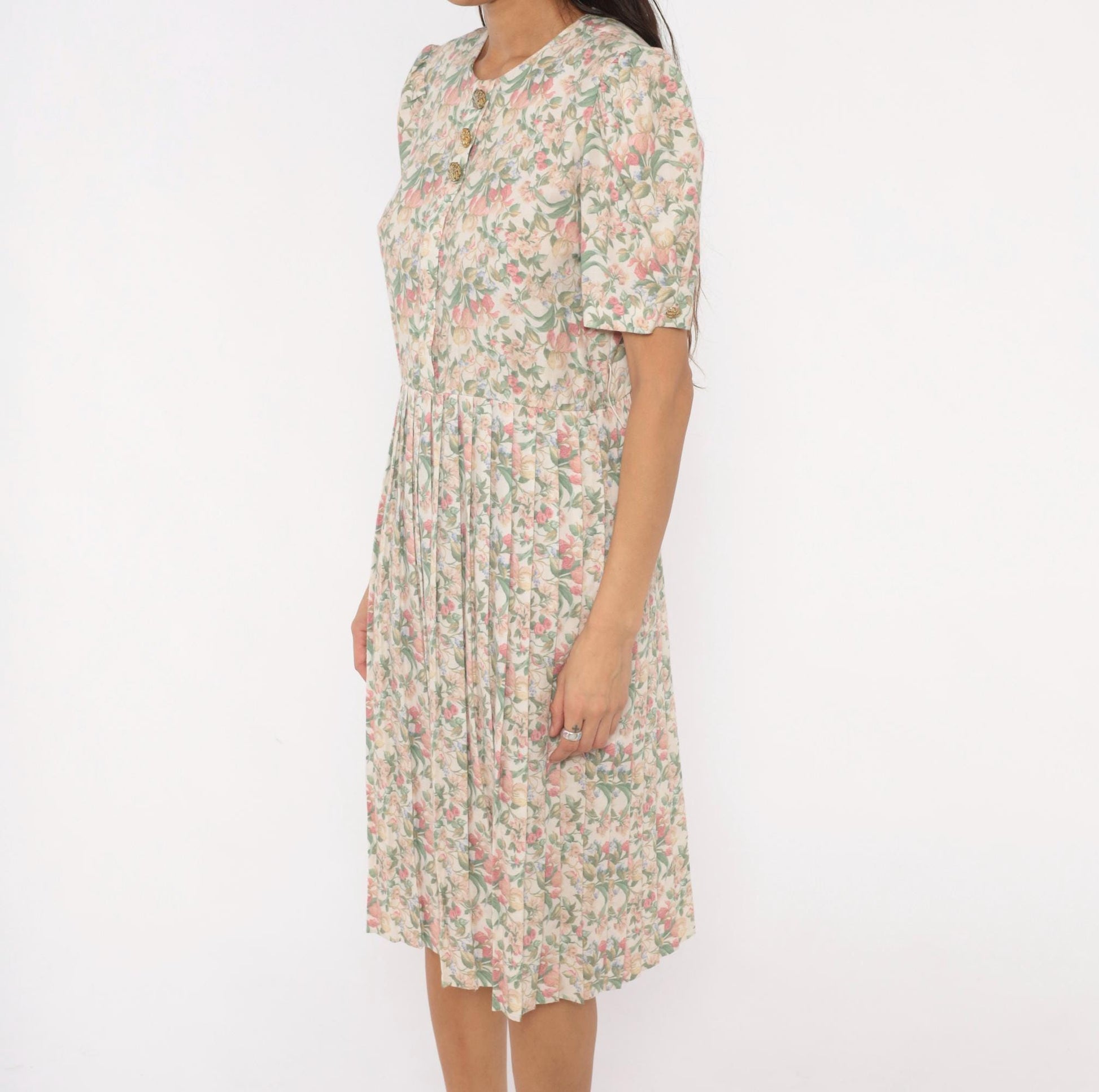 80s Jenny Petites Floral Puff Sleeve Dress Cream Pink Sage Small