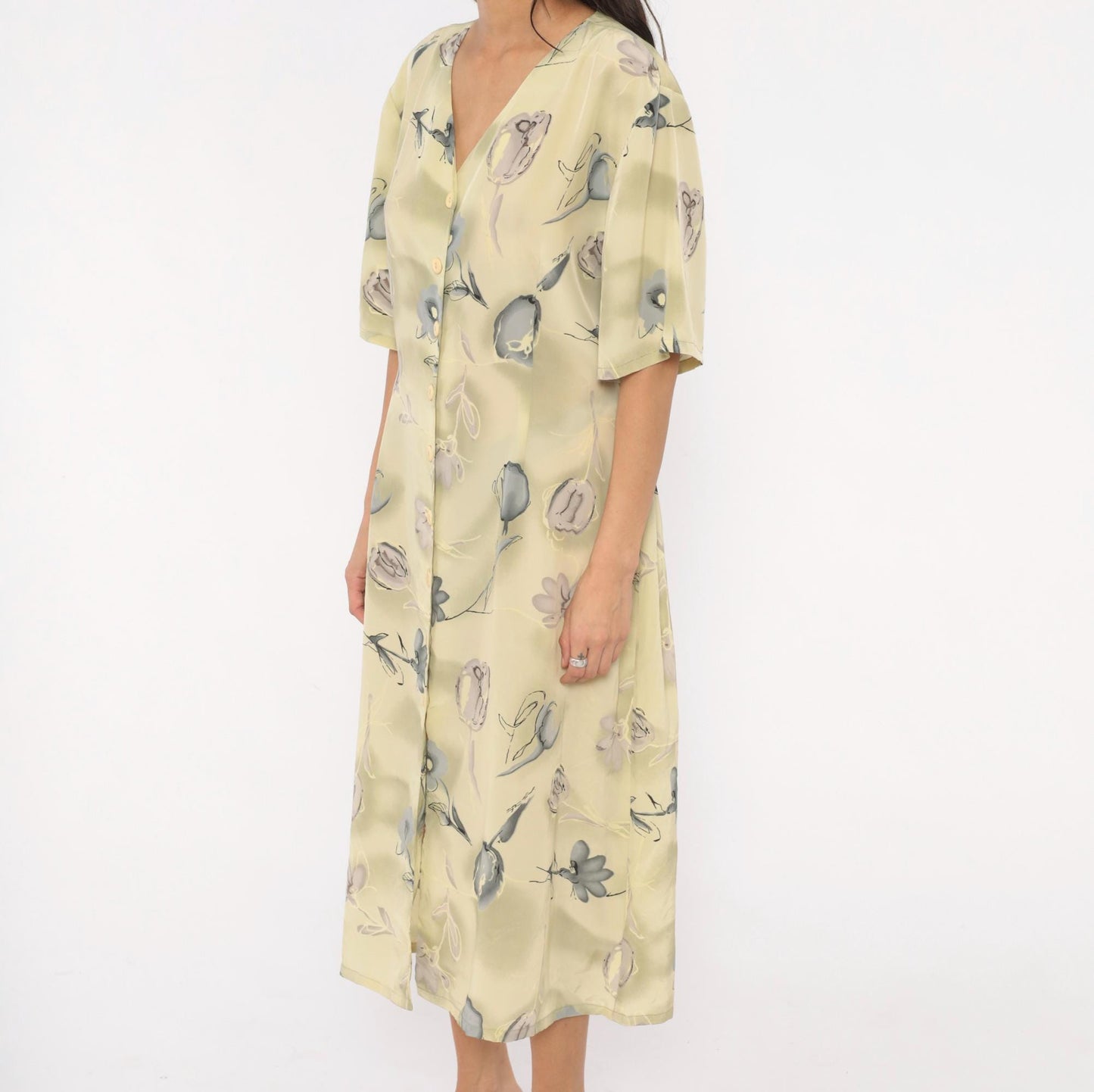 90s Voir Floral Button Front Midi Dress Olive Watercolor Print Plus Size XXL