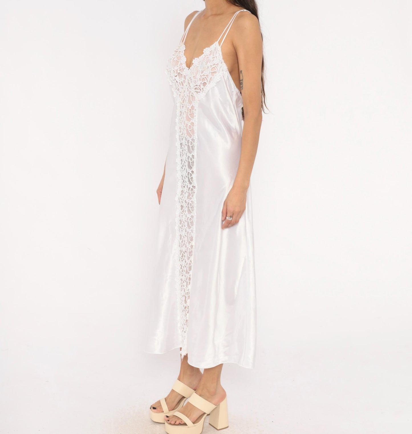 90s Just Flora White Satin Slip Dress Maxi Lace Panel Croquette Lingerie Large L