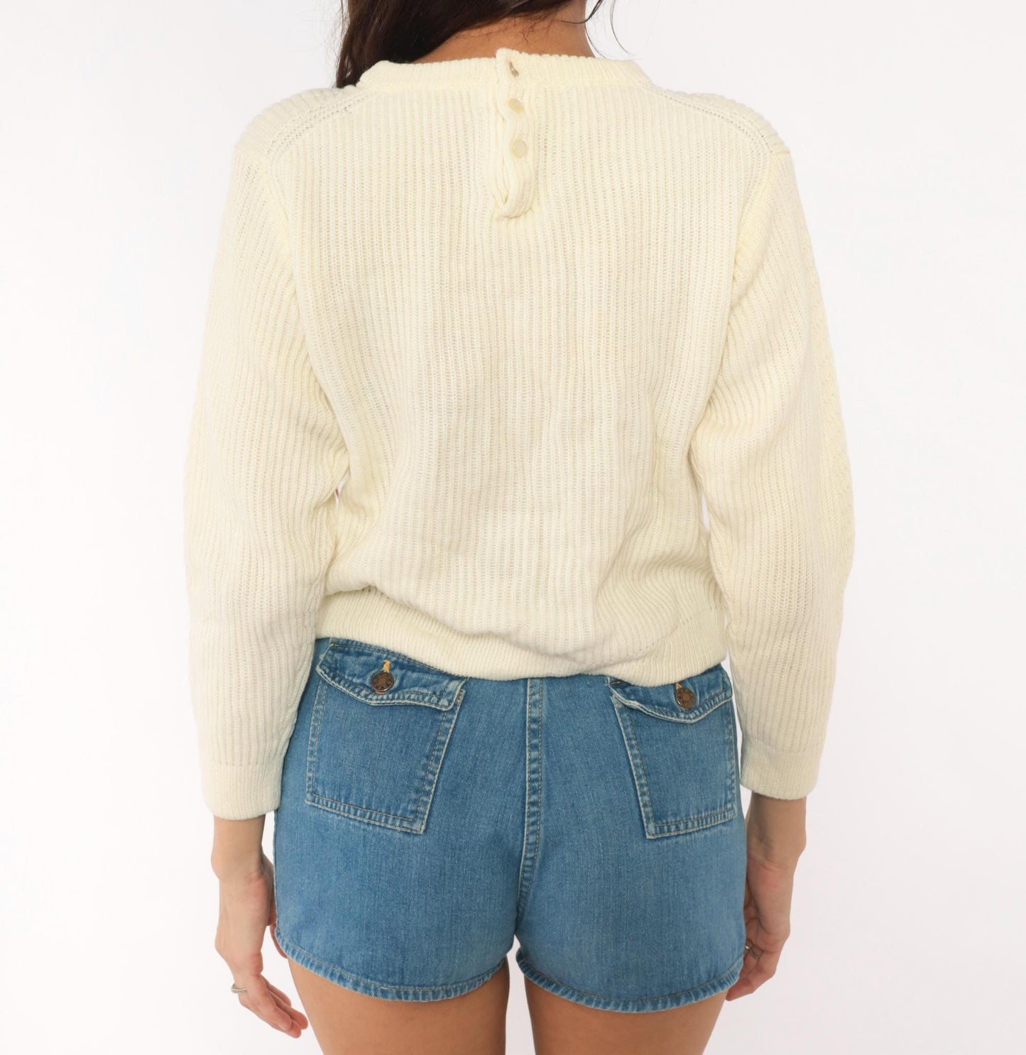 70s Cream Cable Knit Pullover Button Back Three Quarter Sleeve Medium