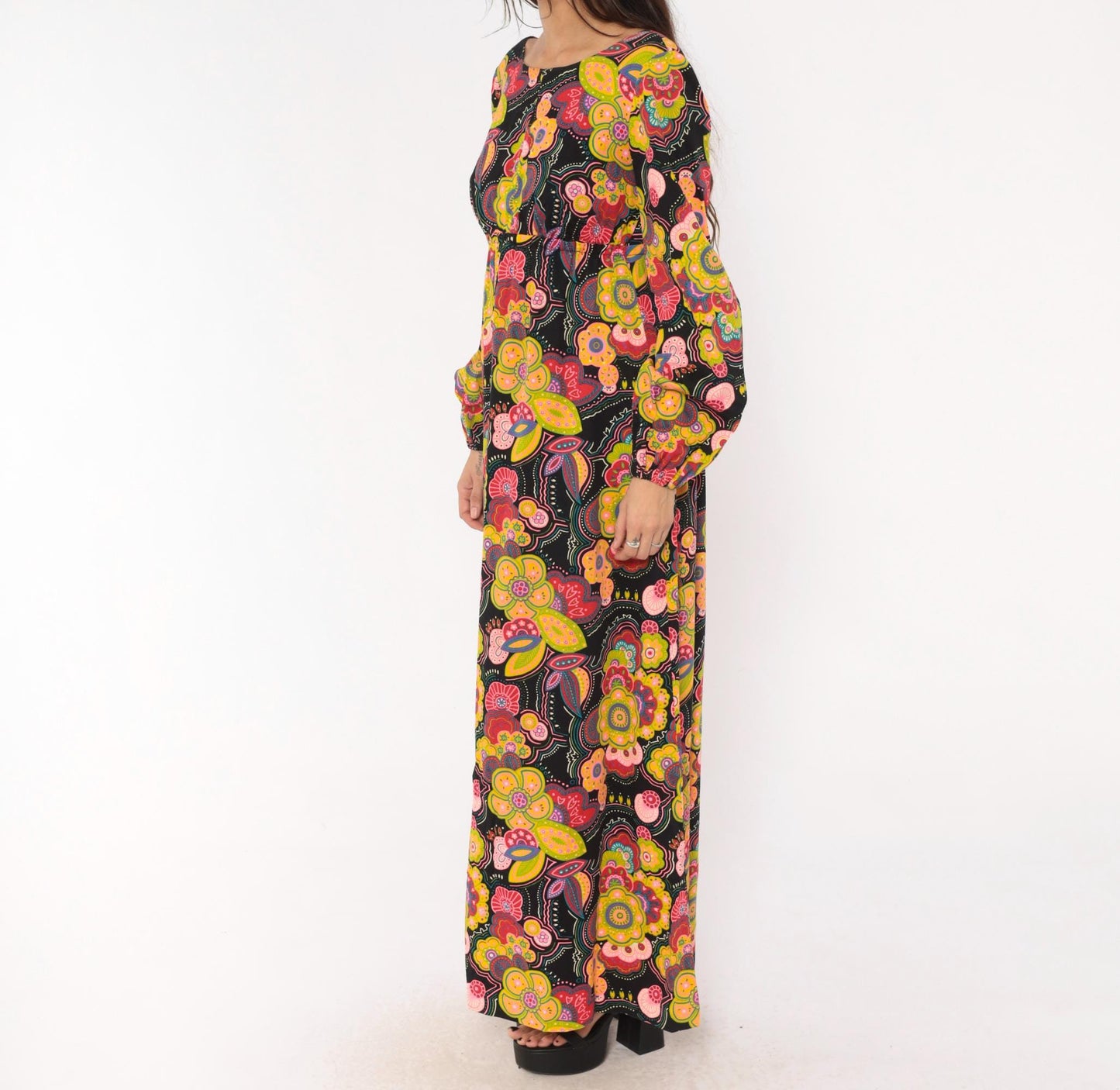 70s Psychedelic Floral Maxi Dress Black Pink Open Back Empire Waist Medium Large