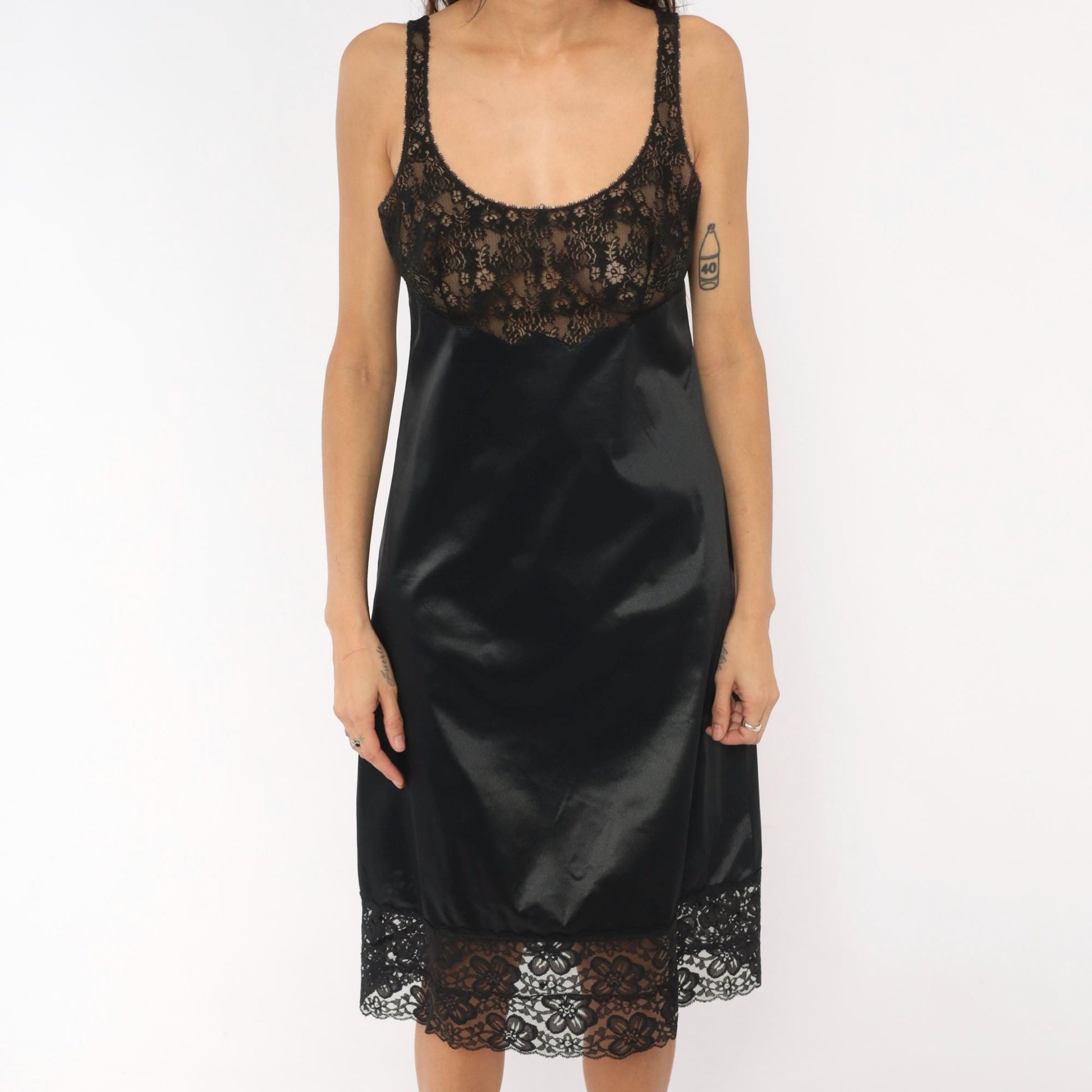 70s Gossard Artemis Black Lace Slip Dress Sheer Floral Nylon Nightgown Medium