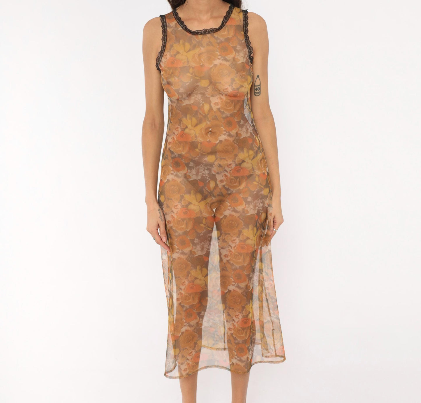 90s Floral Mesh Midi Dress Sheer Rose Print Orange Tan Brown Extra Small XS
