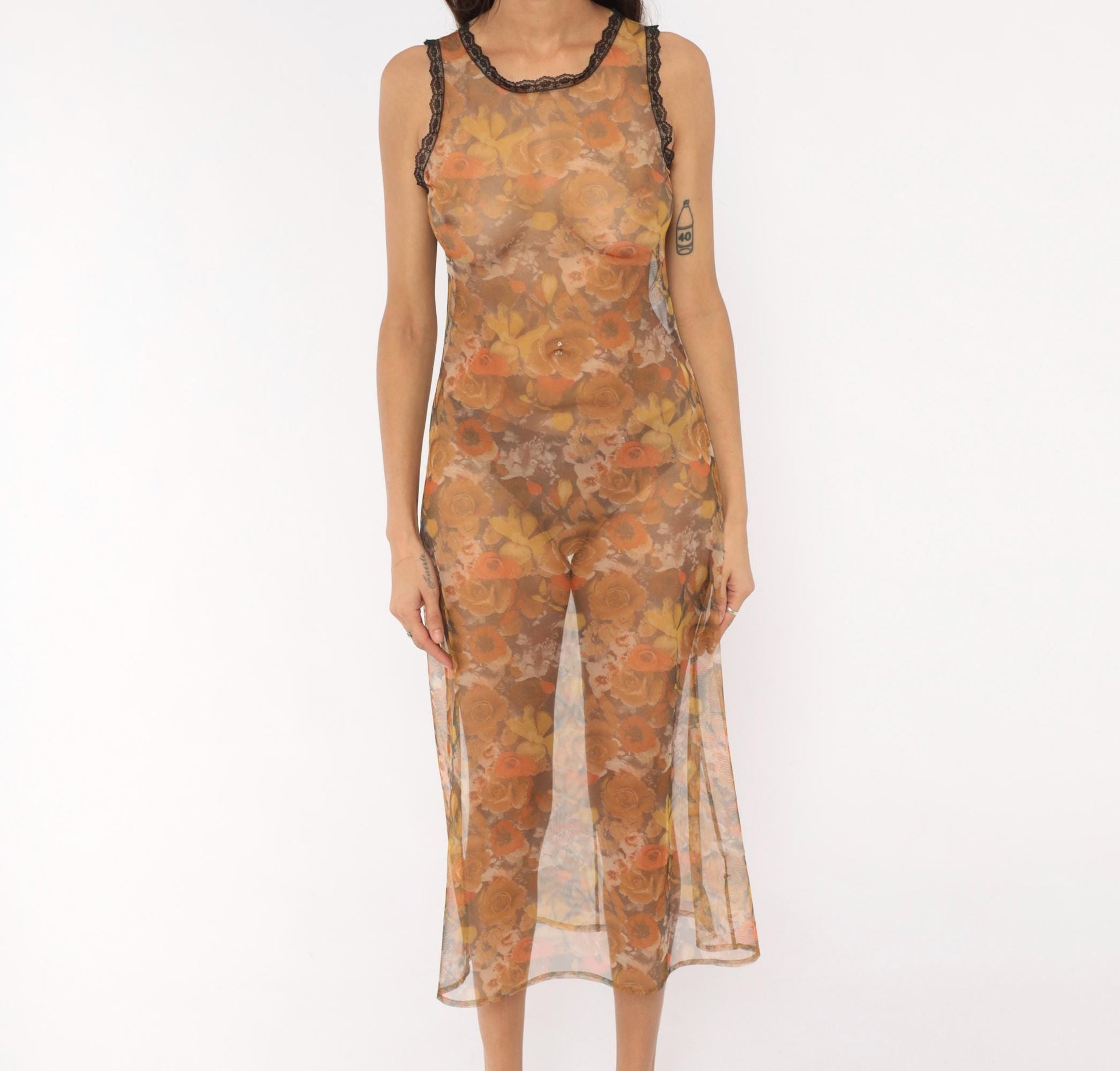 90s Floral Mesh Midi Dress Sheer Rose Print Orange Tan Brown Extra Small XS