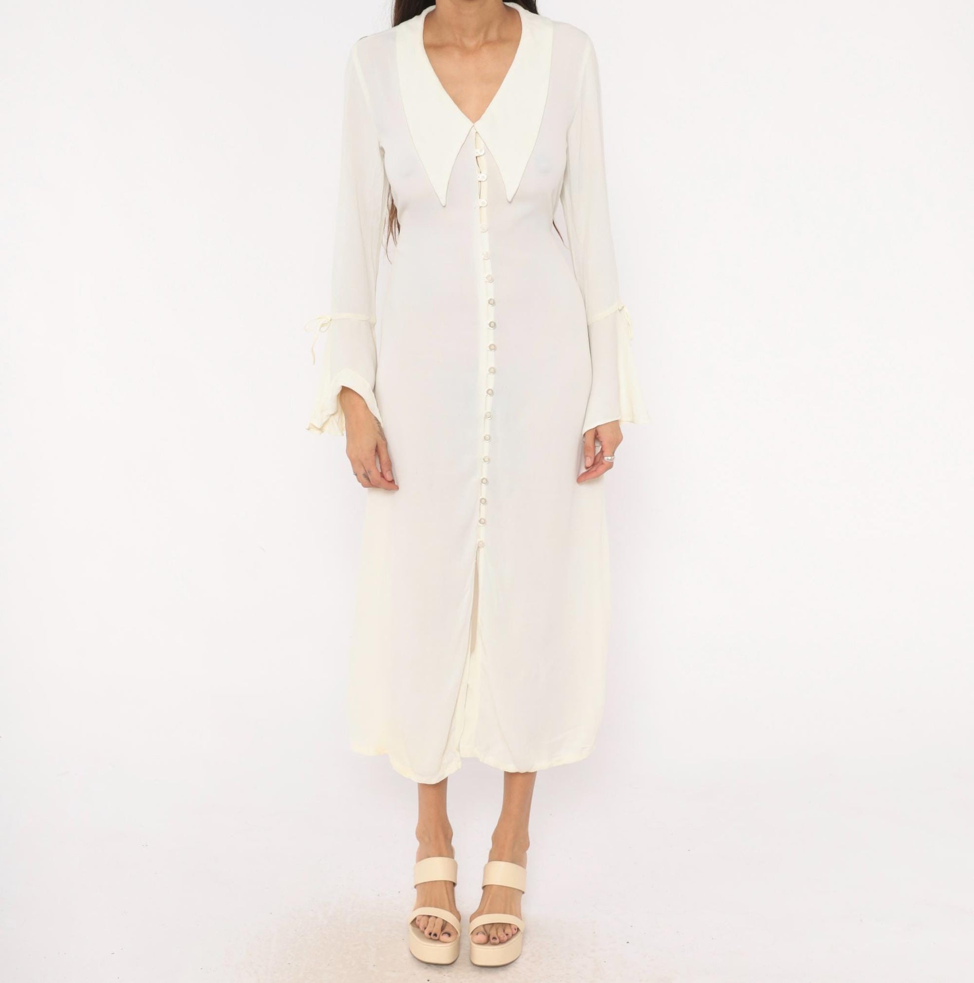 90s Joukar Cream Midi Dress Bell Sleeve V Neck Button Front Medium