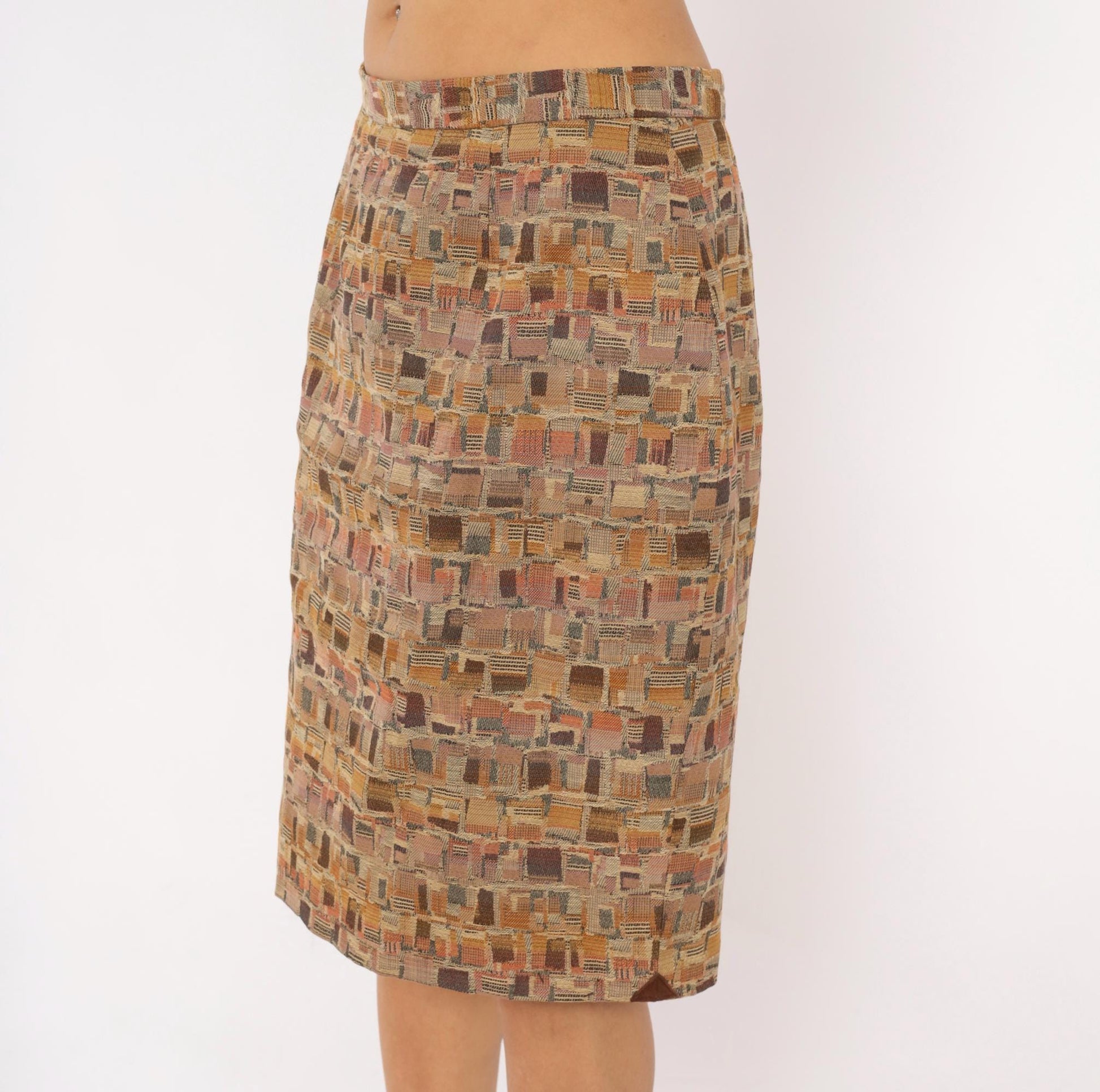 80s Geometric Patchwork Tapestry Pencil Skirt Tan Brown Rose Medium