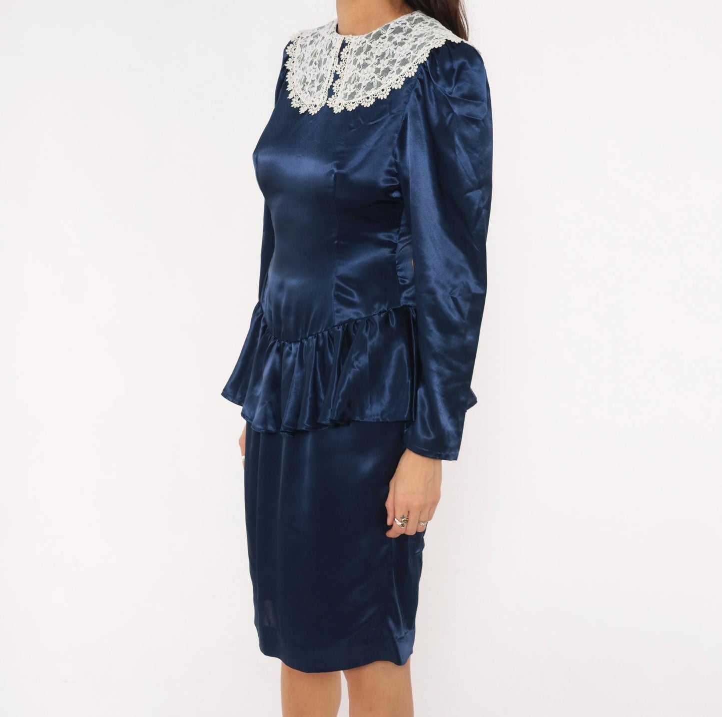 80s Navy Satin Peplum Dress Lace Collar Puff Shoulder Knee Length Small