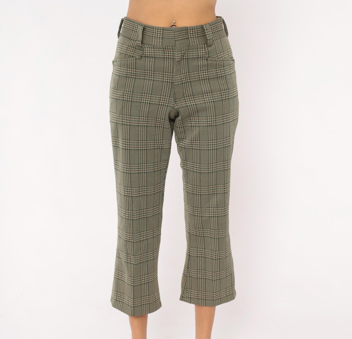 70s Chess Man Glen Plaid Cropped Flare Trousers Olive Tan Extra Small XS