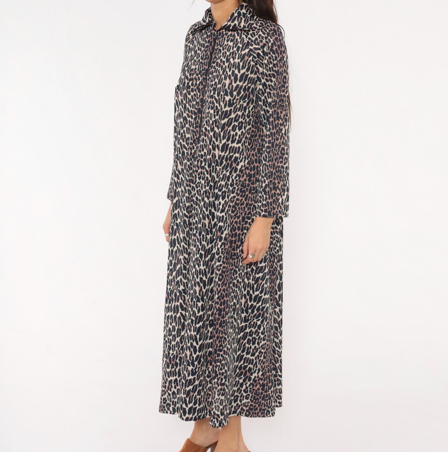 70s Leopard Print Maxi Dress Zip Front Collared A-Line Cream Brown Medium Large