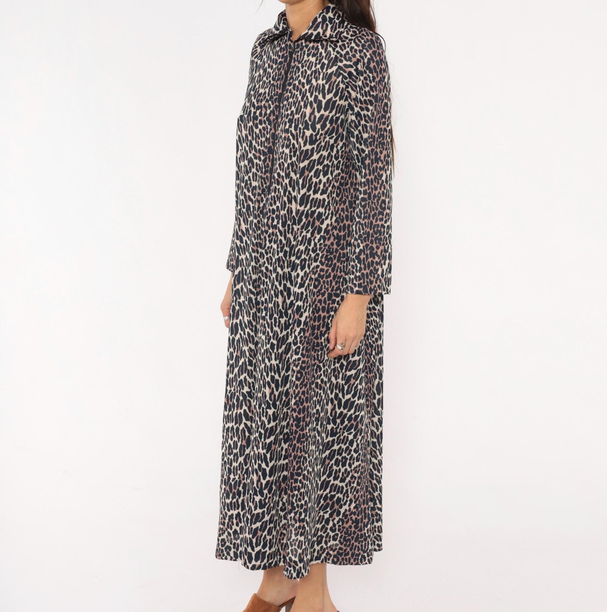 70s Leopard Print Maxi Dress Zip Front Collared A-Line Cream Brown Medium Large