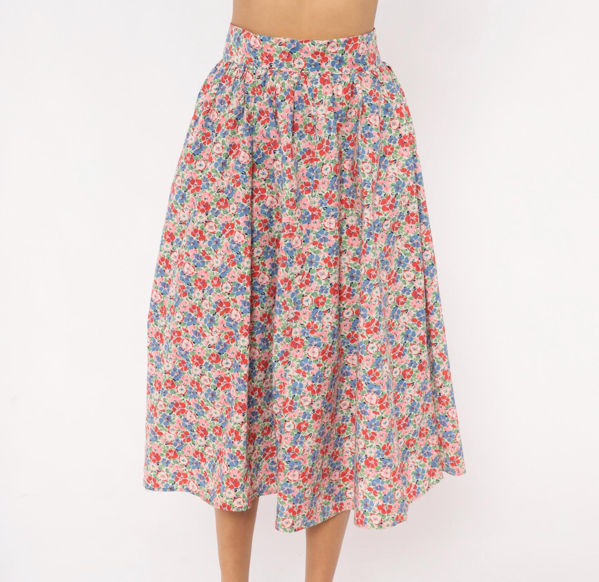 80s Floral Midi Skirt Pink Blue Calico Print High-Rise Pleated Small