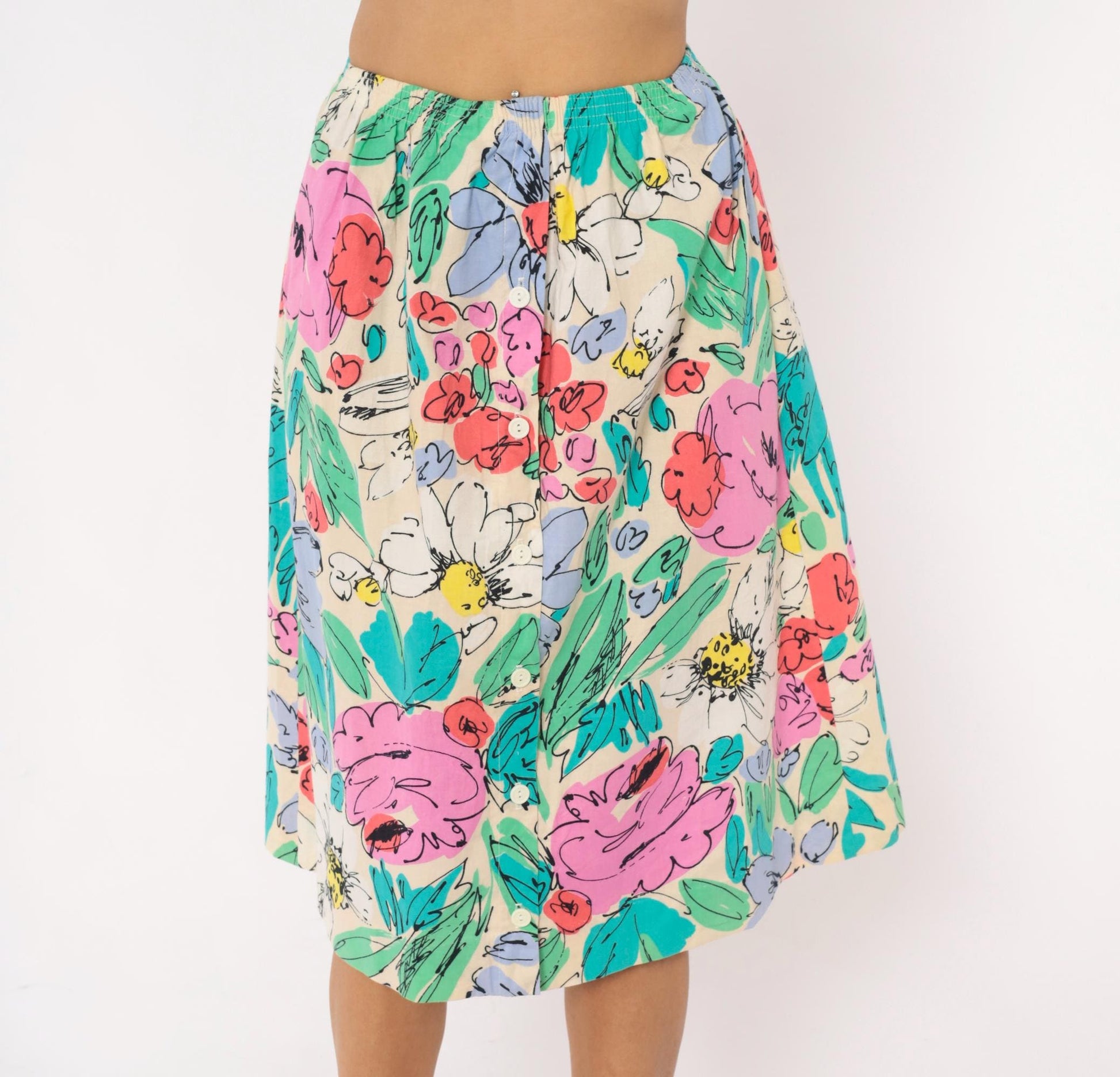 90s Floral Button Front Midi Skirt Cream Watercolor Cotton Small