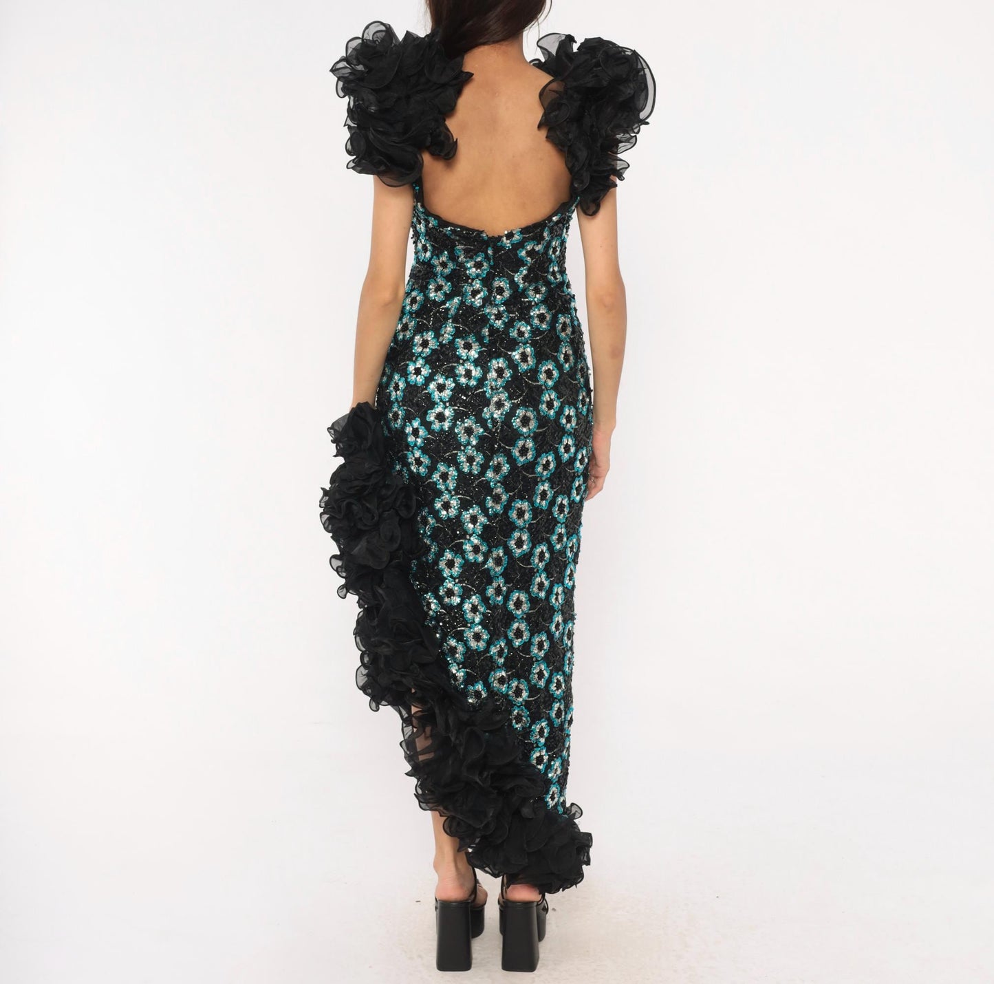 80s Alyce Designs Black Sequin Maxi Gown Teal Silver Floral Small