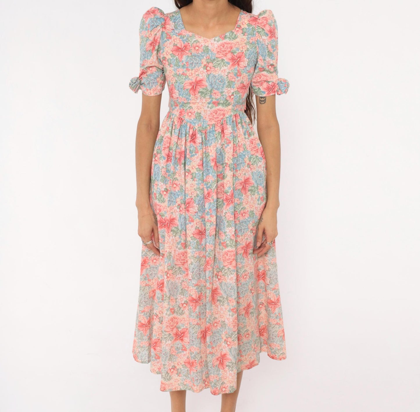 80s Floral Midi Dress Pink Blue Puff Sleeve Sweetheart Cotton XXS