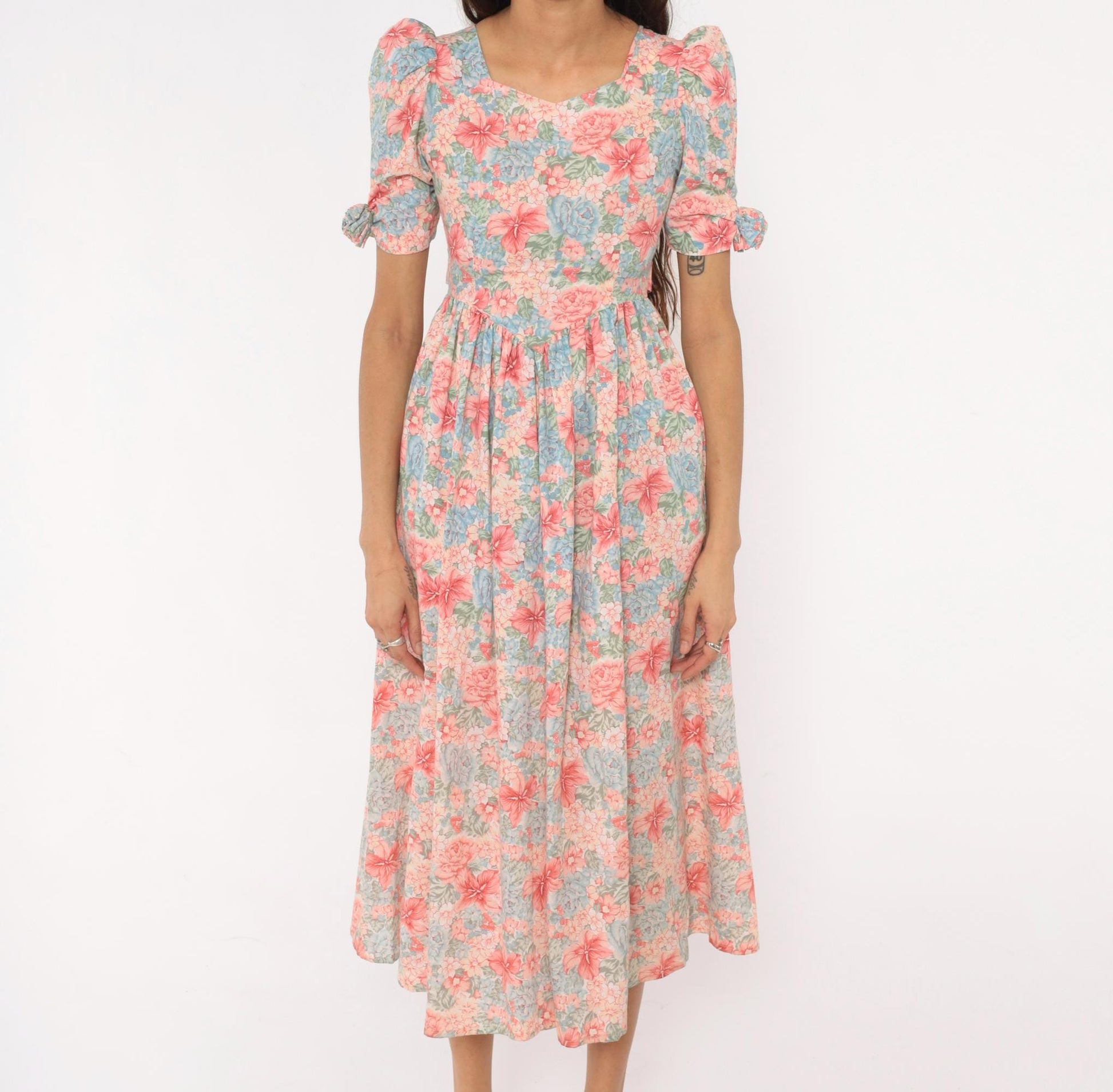 80s Floral Midi Dress Pink Blue Puff Sleeve Sweetheart Cotton XXS