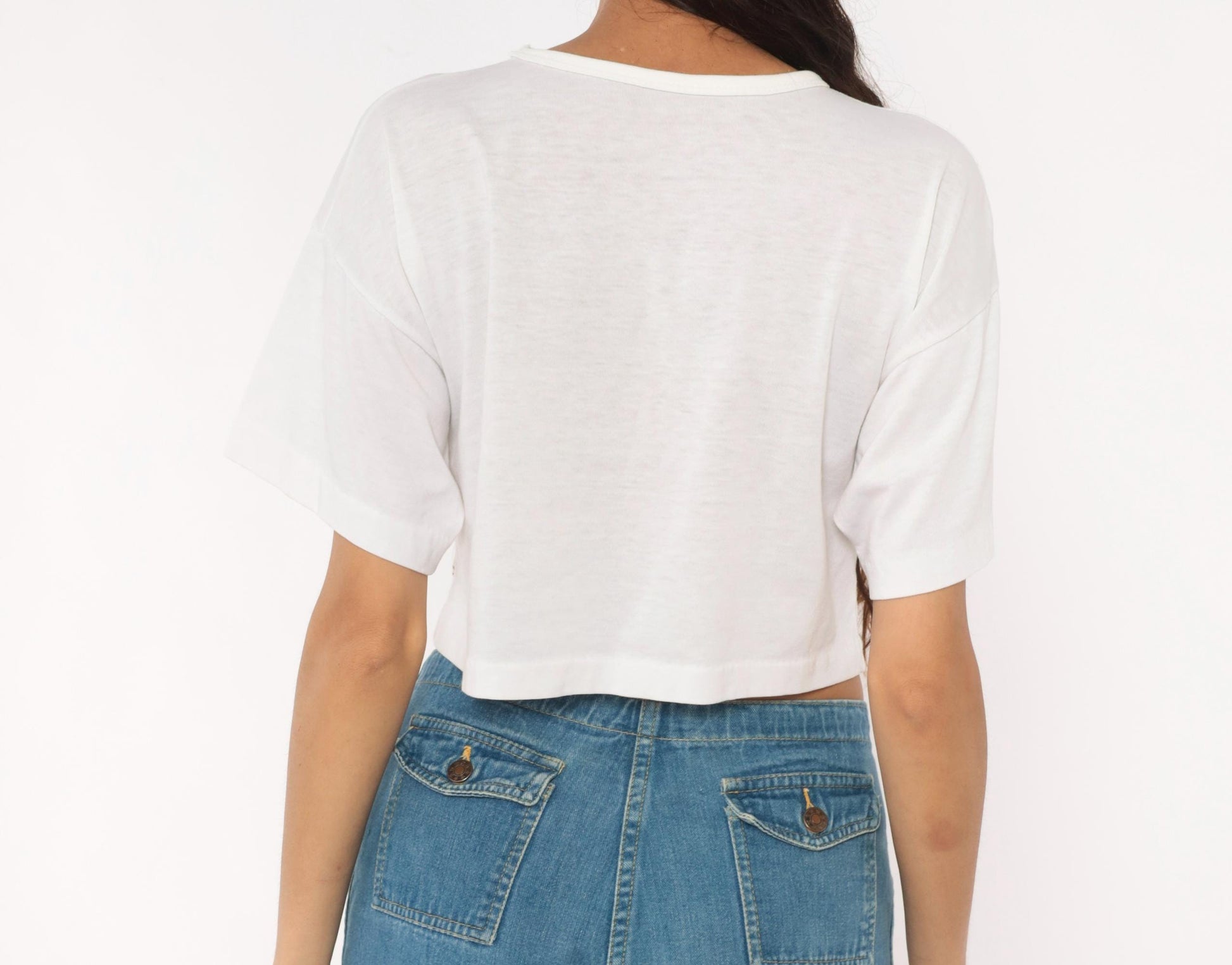 90s Striped Crop Top White Teal Pink Cotton Boxy Tee Small S