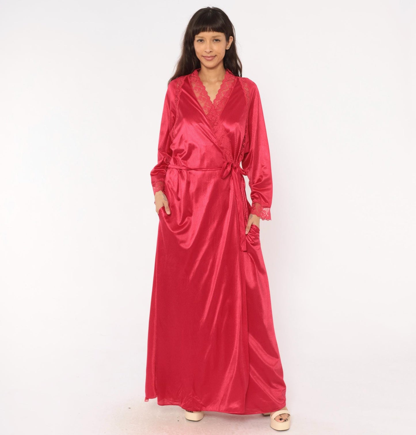 70s JCPenney Raspberry Nylon Nightgown Robe Set Deep V Lace Medium