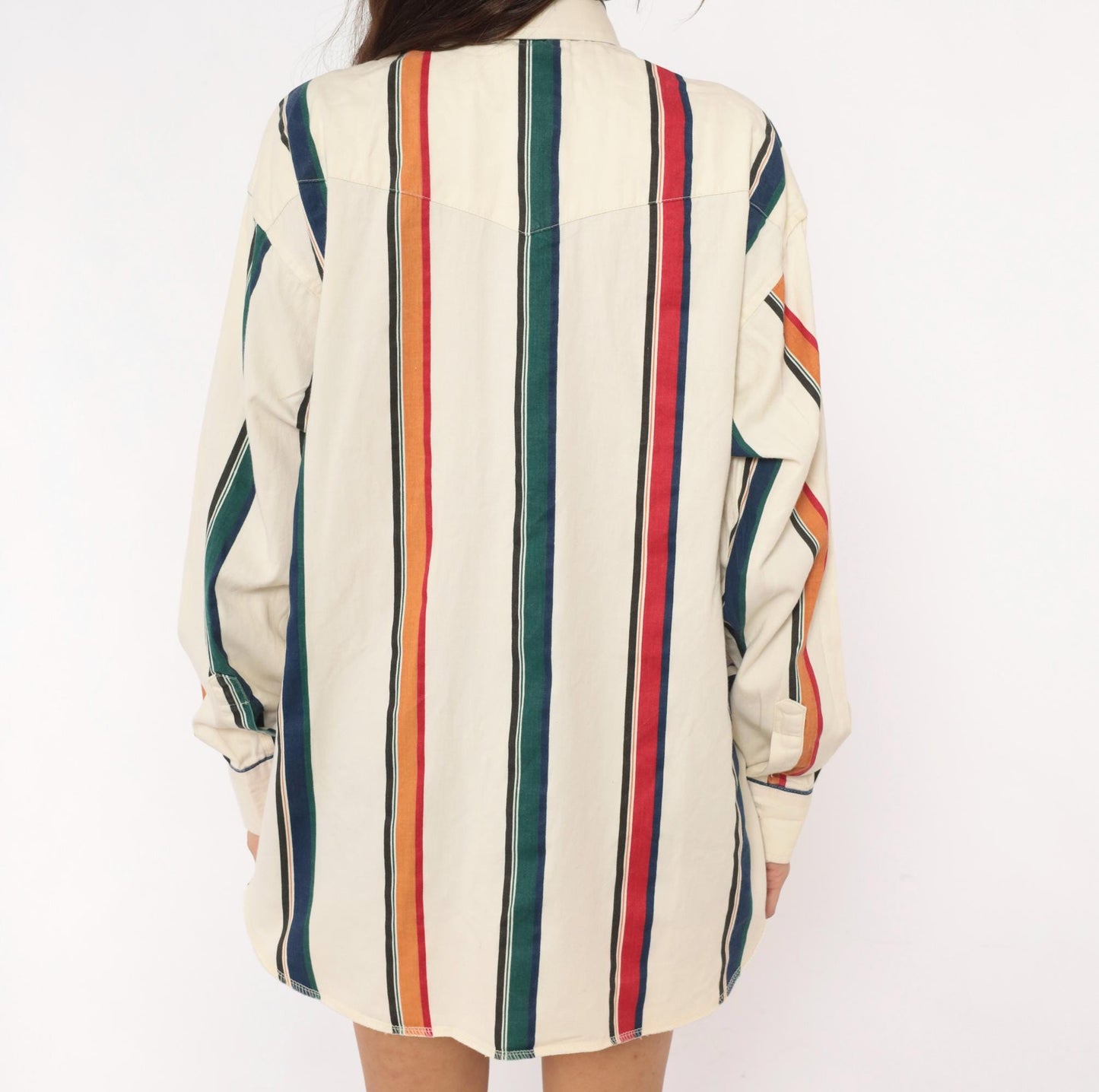 90s Wrangler Striped Button-Up Shirt Cream Navy Orange Vertical Stripe Western Extra Large XL