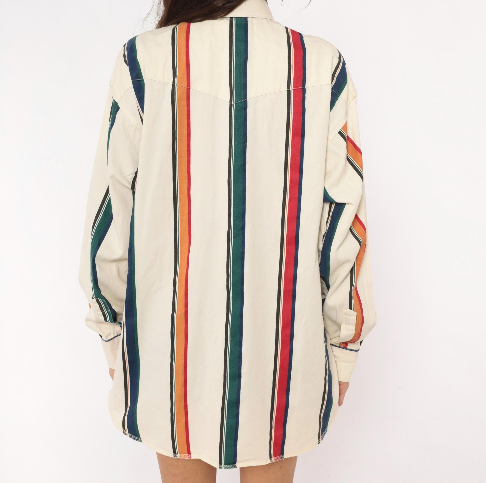 90s Wrangler Striped Button-Up Shirt Cream Navy Orange Vertical Stripe Western Extra Large XL