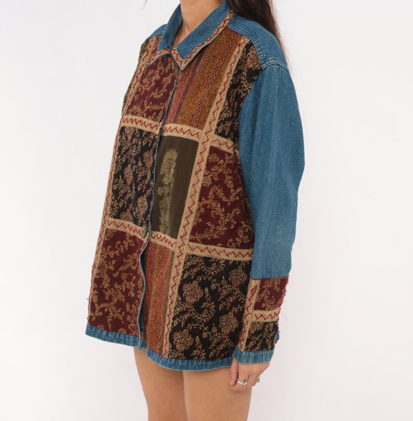 Y2K Units Woman Patchwork Denim Jacket Floral Tapestry Burgundy Extra Large XL