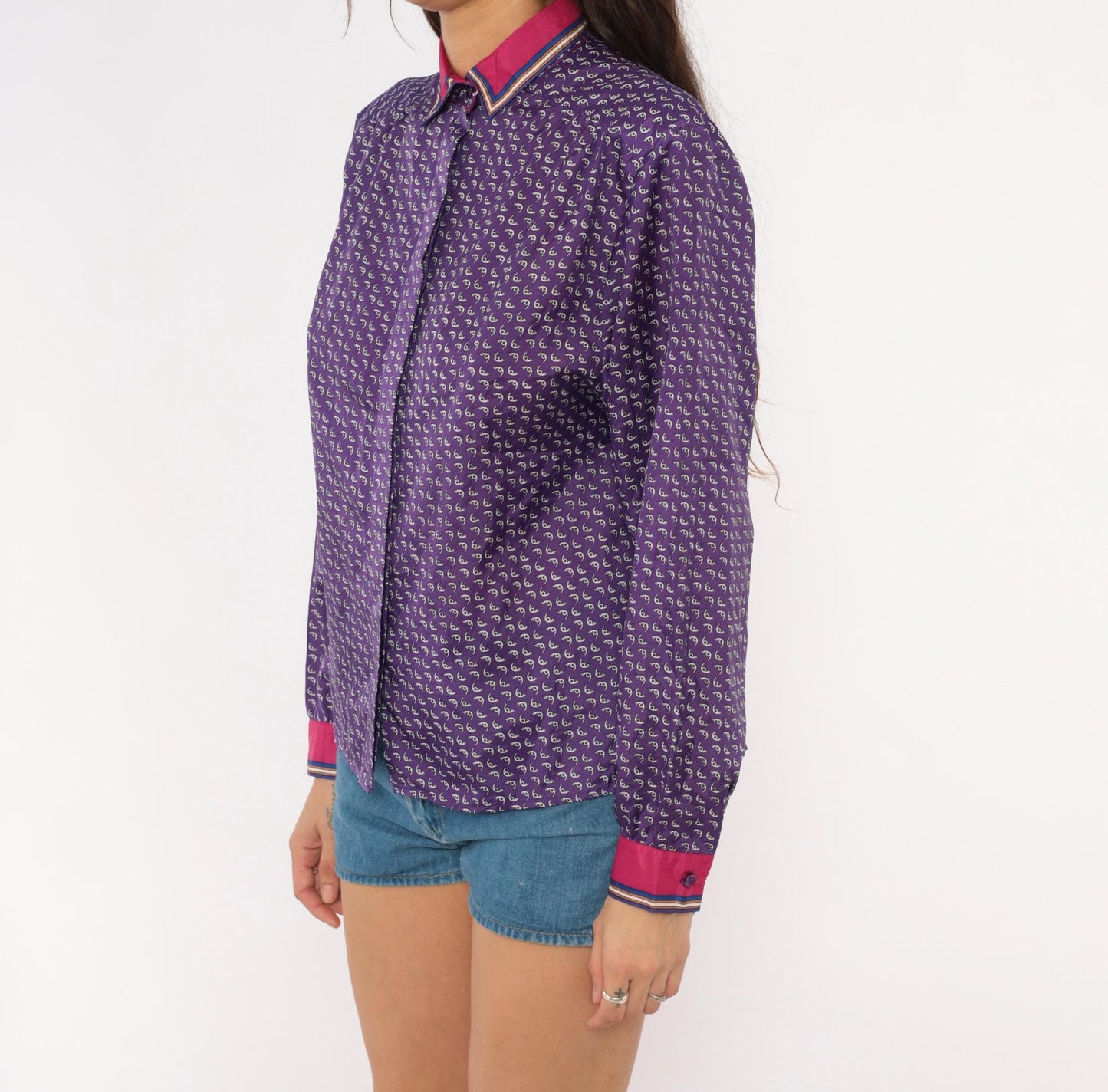 80s Lady Arrow Purple Paisley Button Blouse Pink Contrast Cuffs Medium