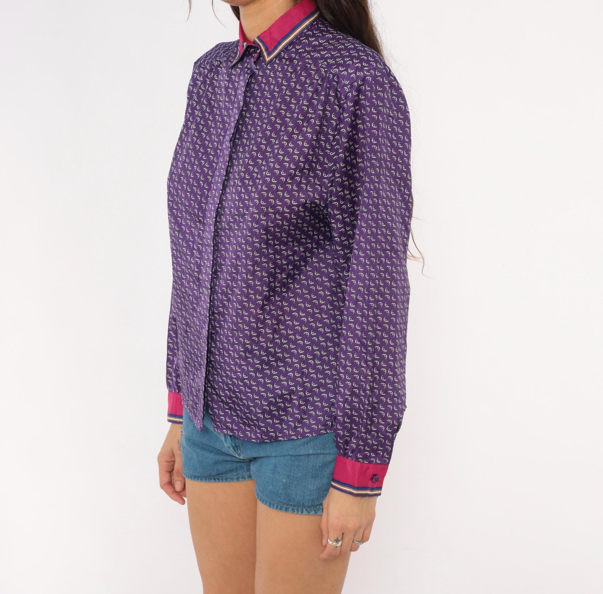 80s Lady Arrow Purple Paisley Button Blouse Pink Contrast Cuffs Medium