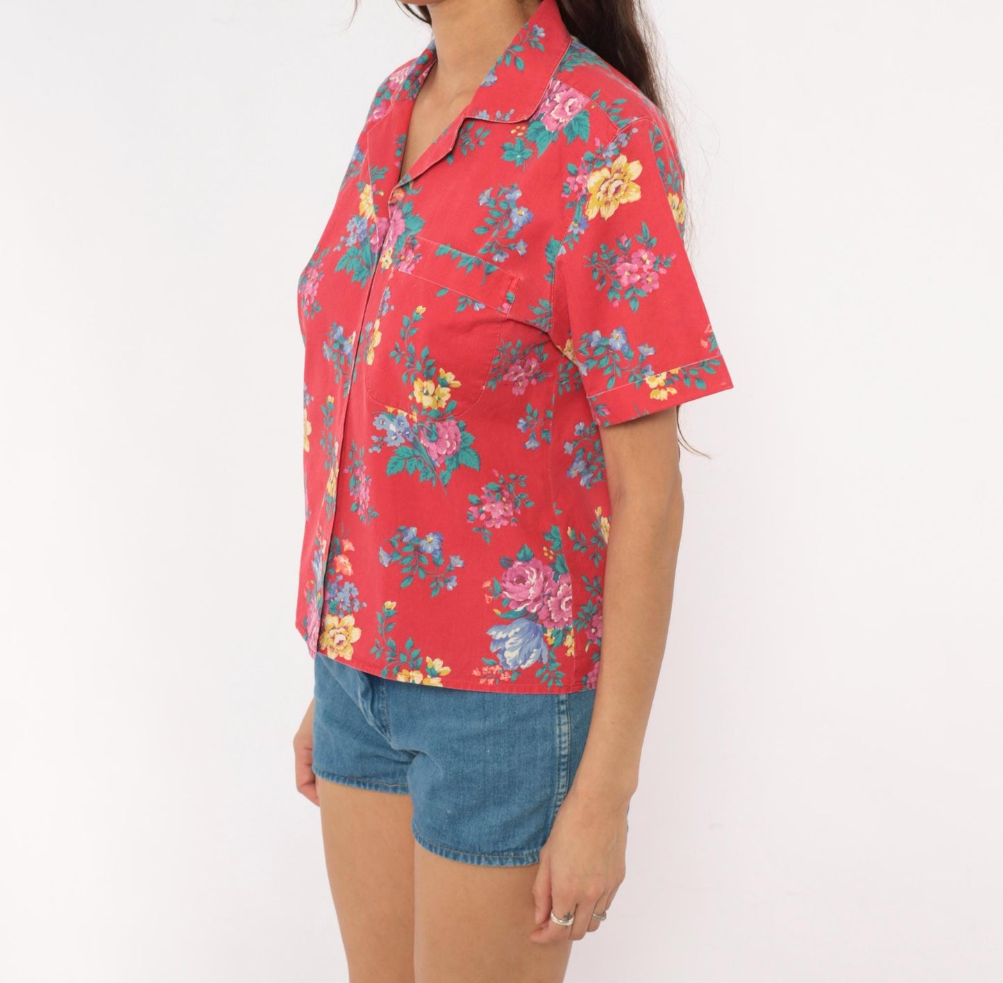 90s Bentley Arbuckle Floral Button-Up Camp Shirt Red Cotton Small
