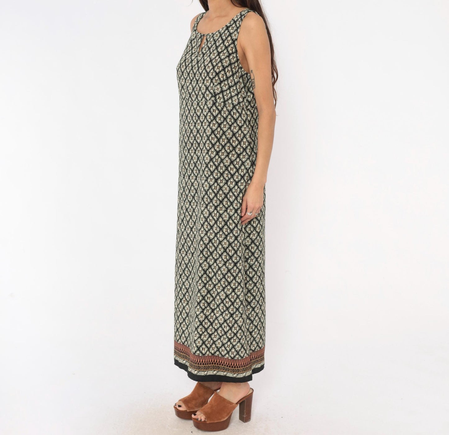 90s Dorée Collections Diamond Lattice Maxi Dress Black Cream Keyhole Large L