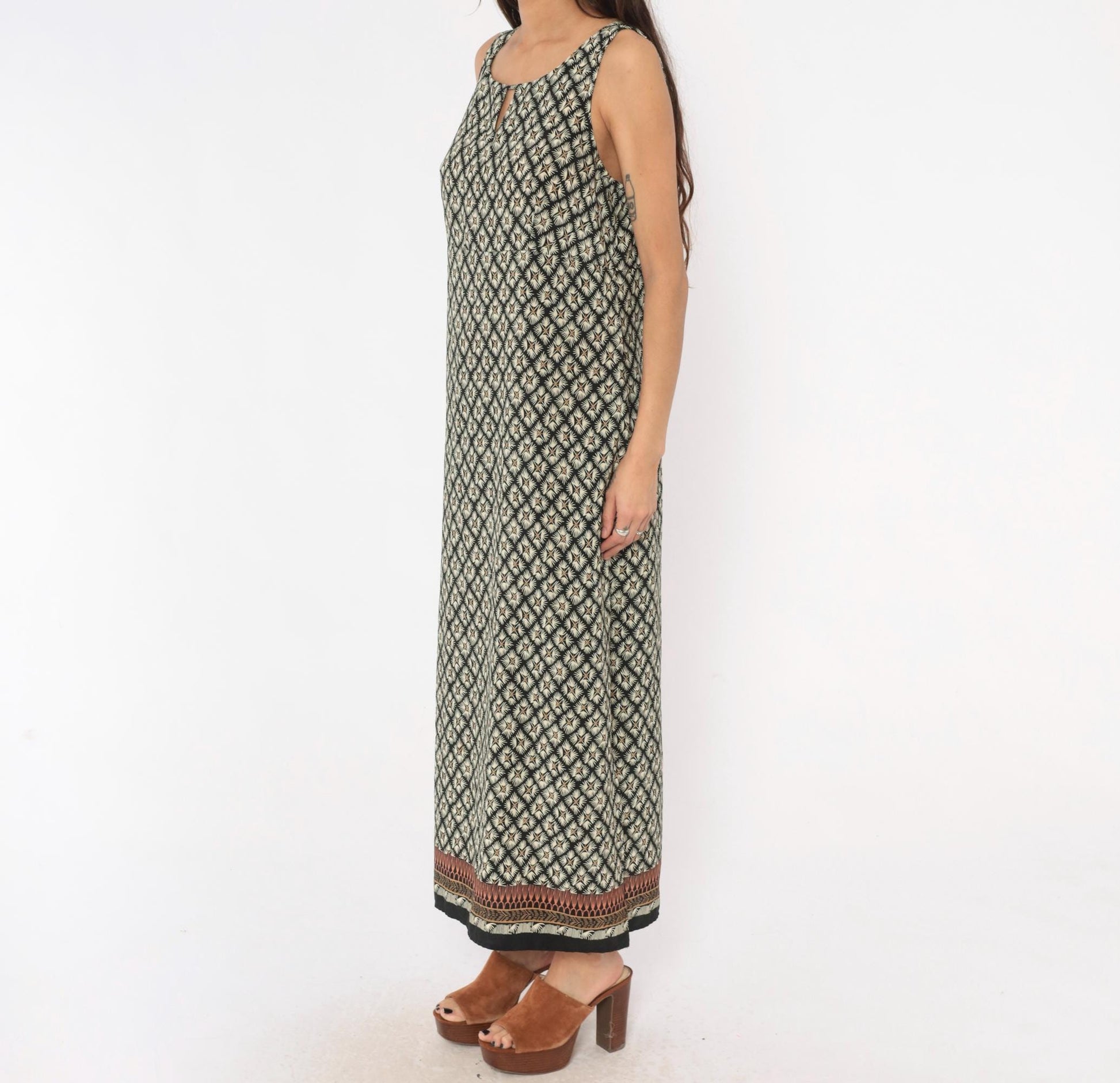 90s Dorée Collections Diamond Lattice Maxi Dress Black Cream Keyhole Large L