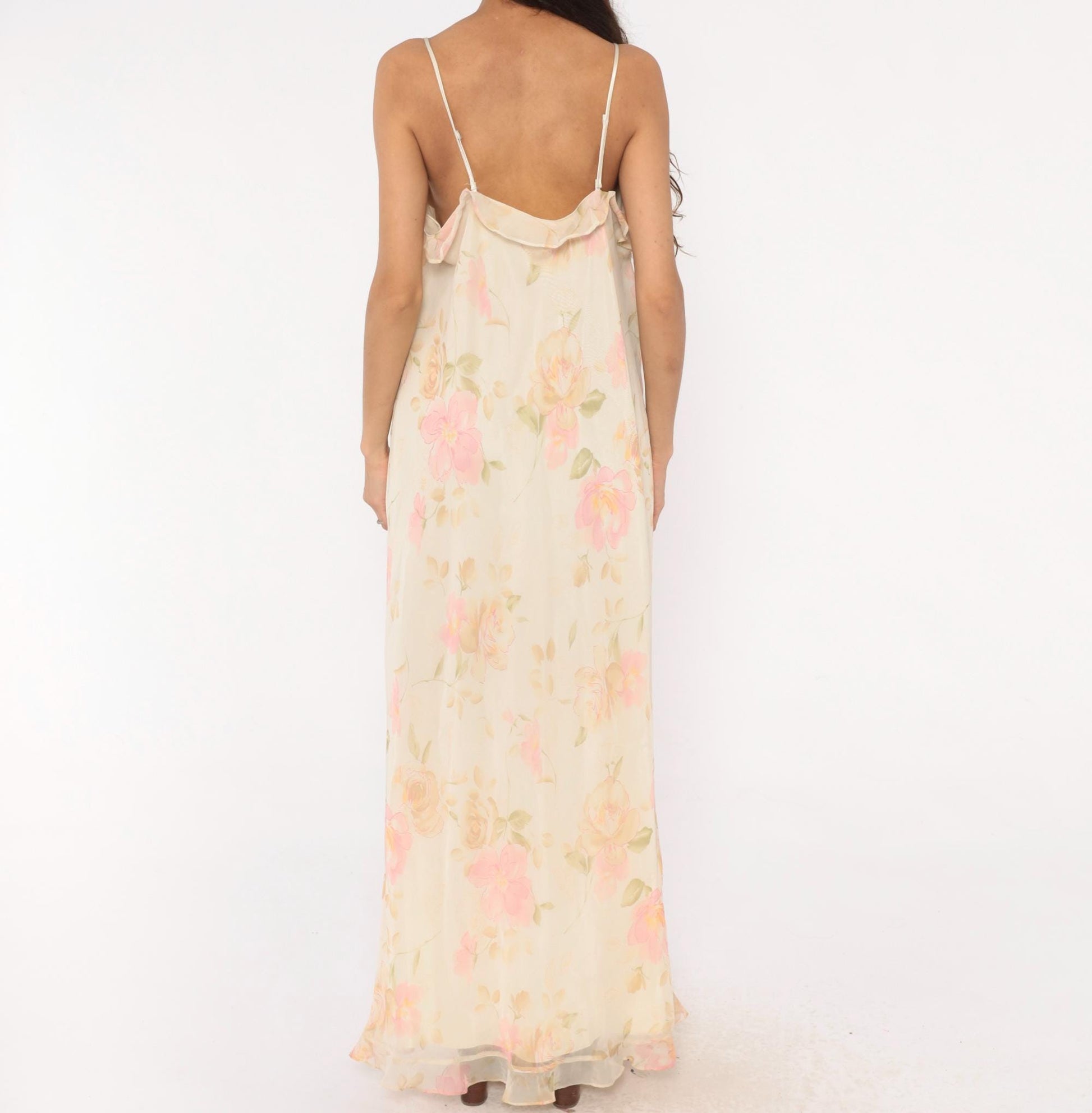 90s Valerie Stevens Floral Maxi Dress Cream Pink Chiffon V-Neck Extra Large XL