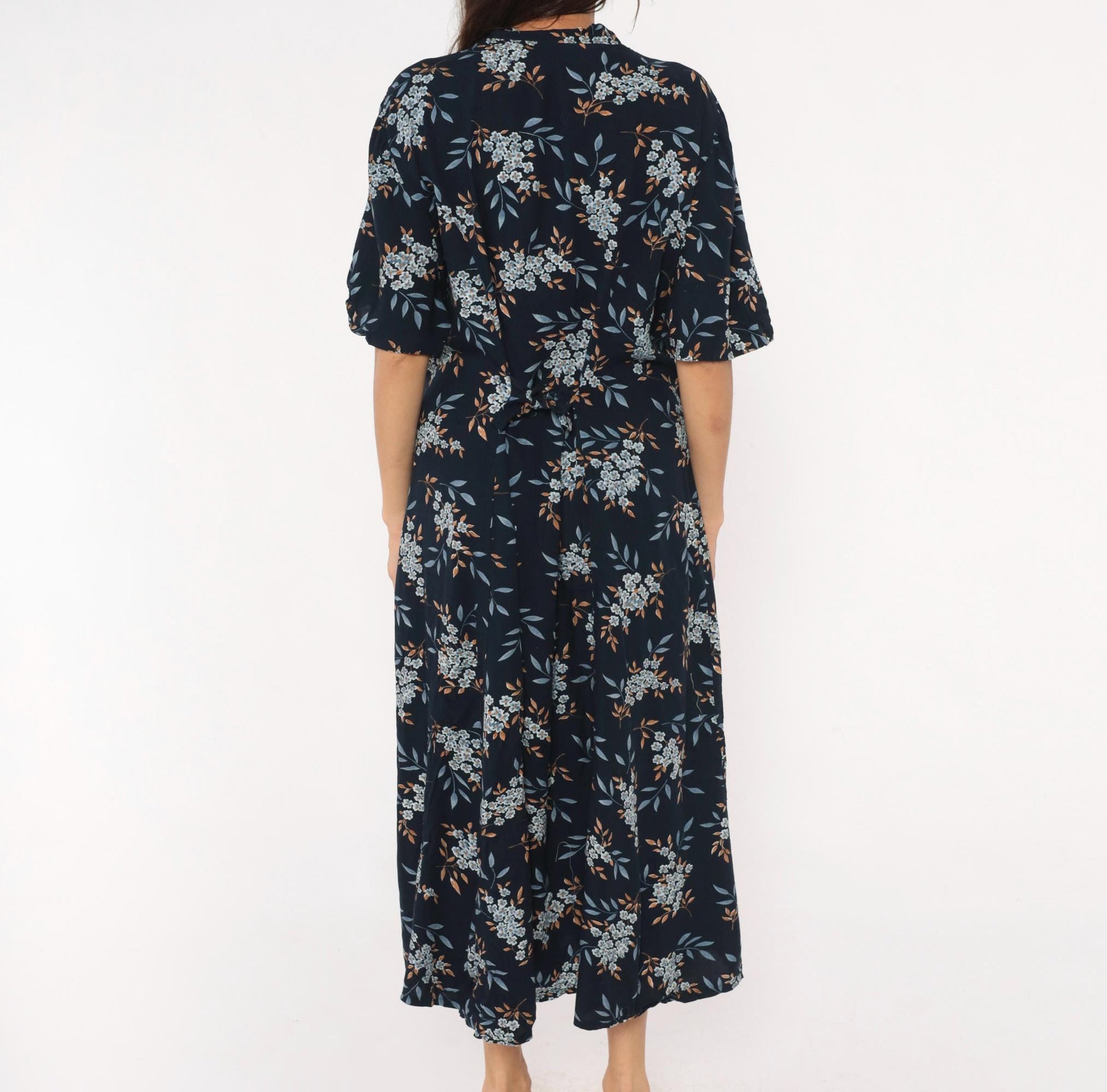 90s Jamie Brooke Floral Midi Dress Navy Blue Tie Waist Plus Size 20W