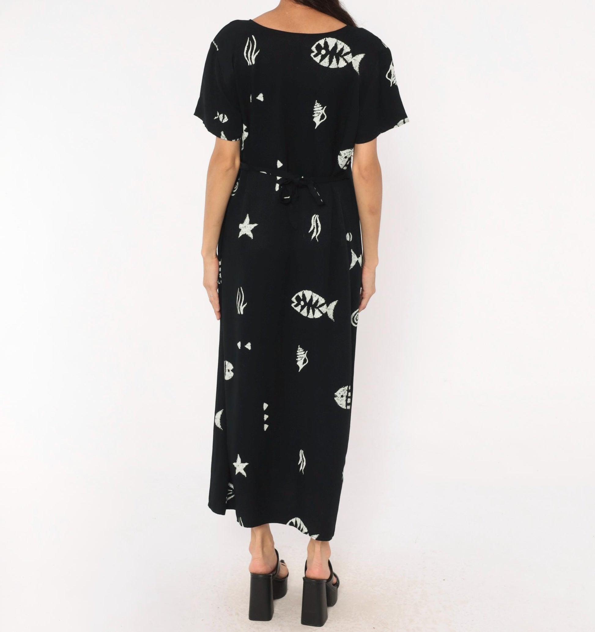 90s Connie Choi Fish Print Maxi Dress Black White Sea Life Large L