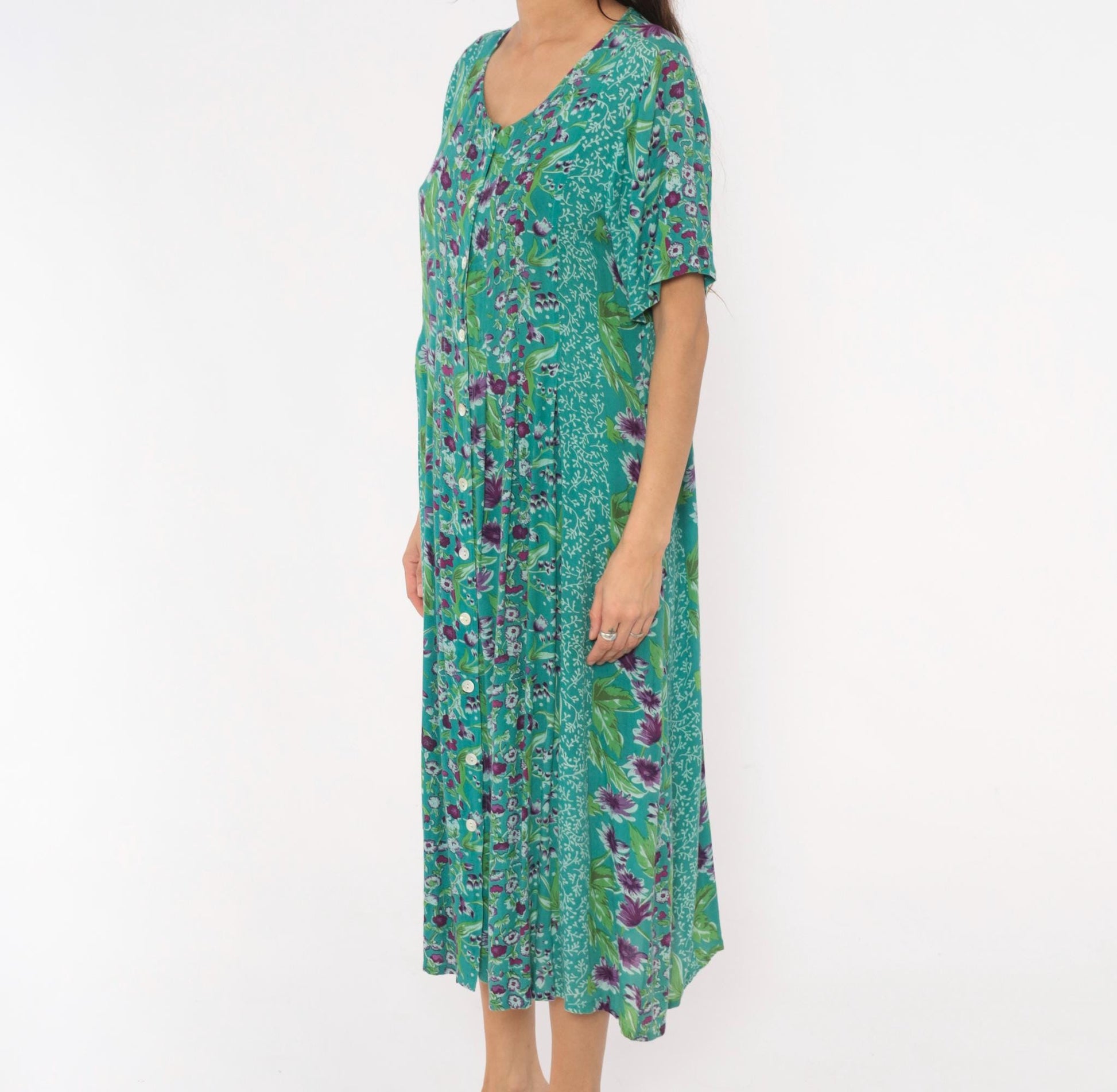 90s La Cera Floral Button Front Midi Dress Teal Purple Pockets Medium M