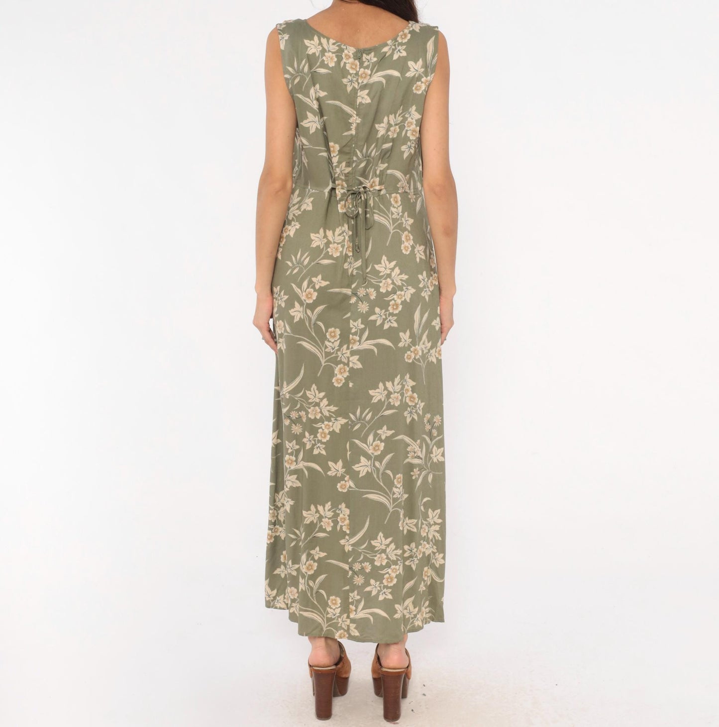 90s Kathie Lee Olive Floral Maxi Dress Cream Botanical Fitted Waist Large L