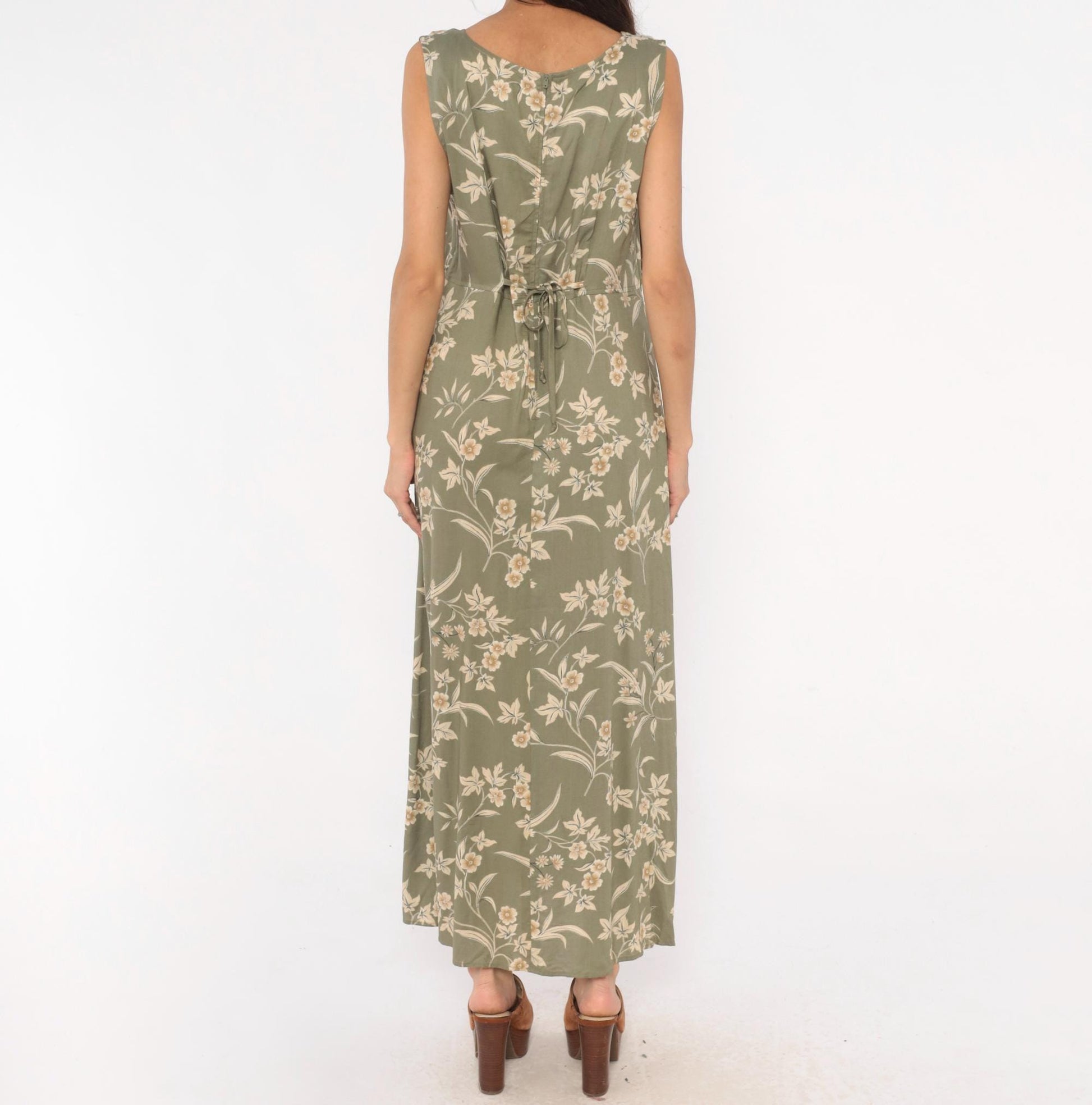90s Kathie Lee Olive Floral Maxi Dress Cream Botanical Fitted Waist Large L