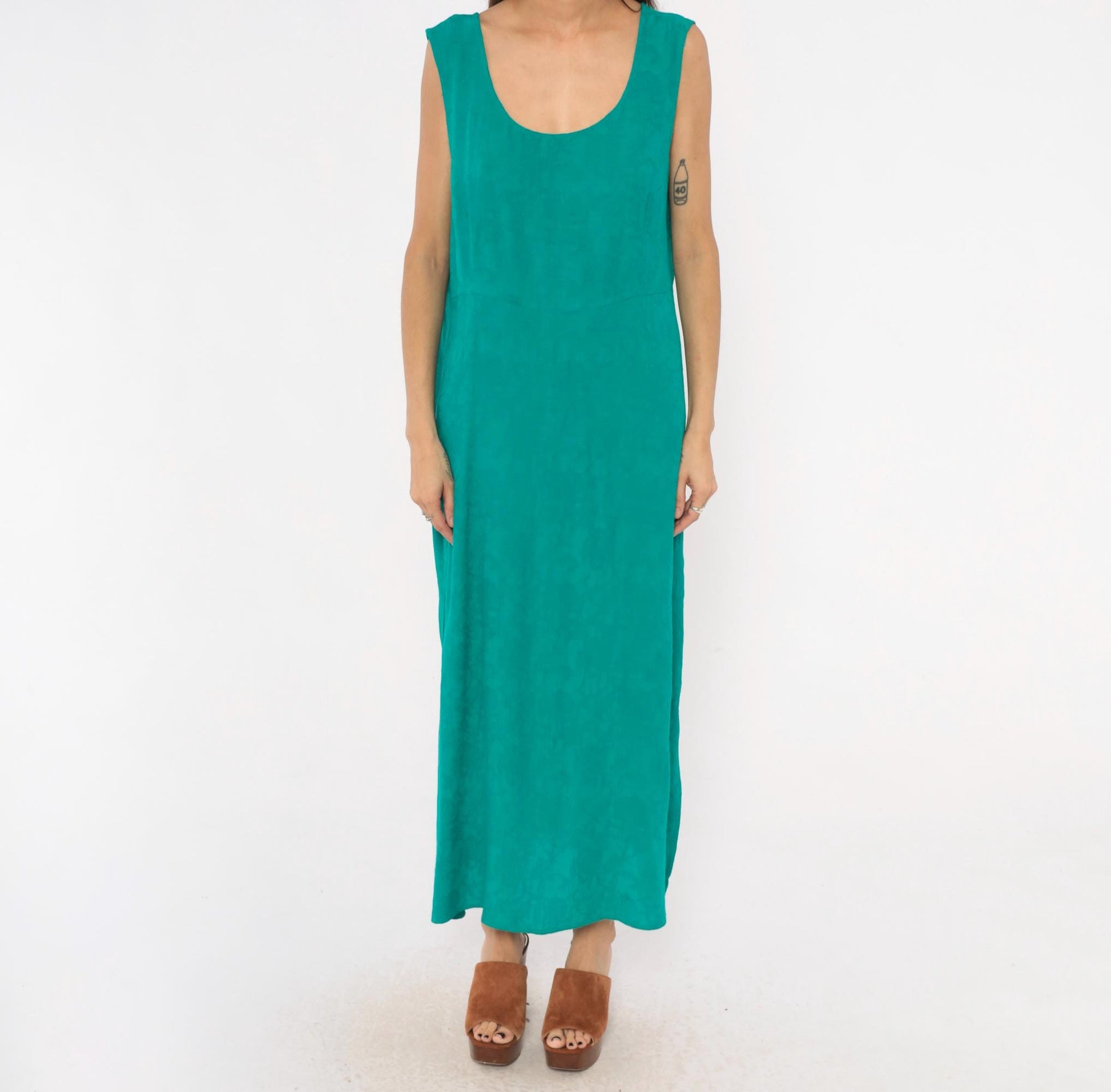 90s Karin Stevens Teal Maxi Dress Sleeveless Empire Waist Ankle Length Large L