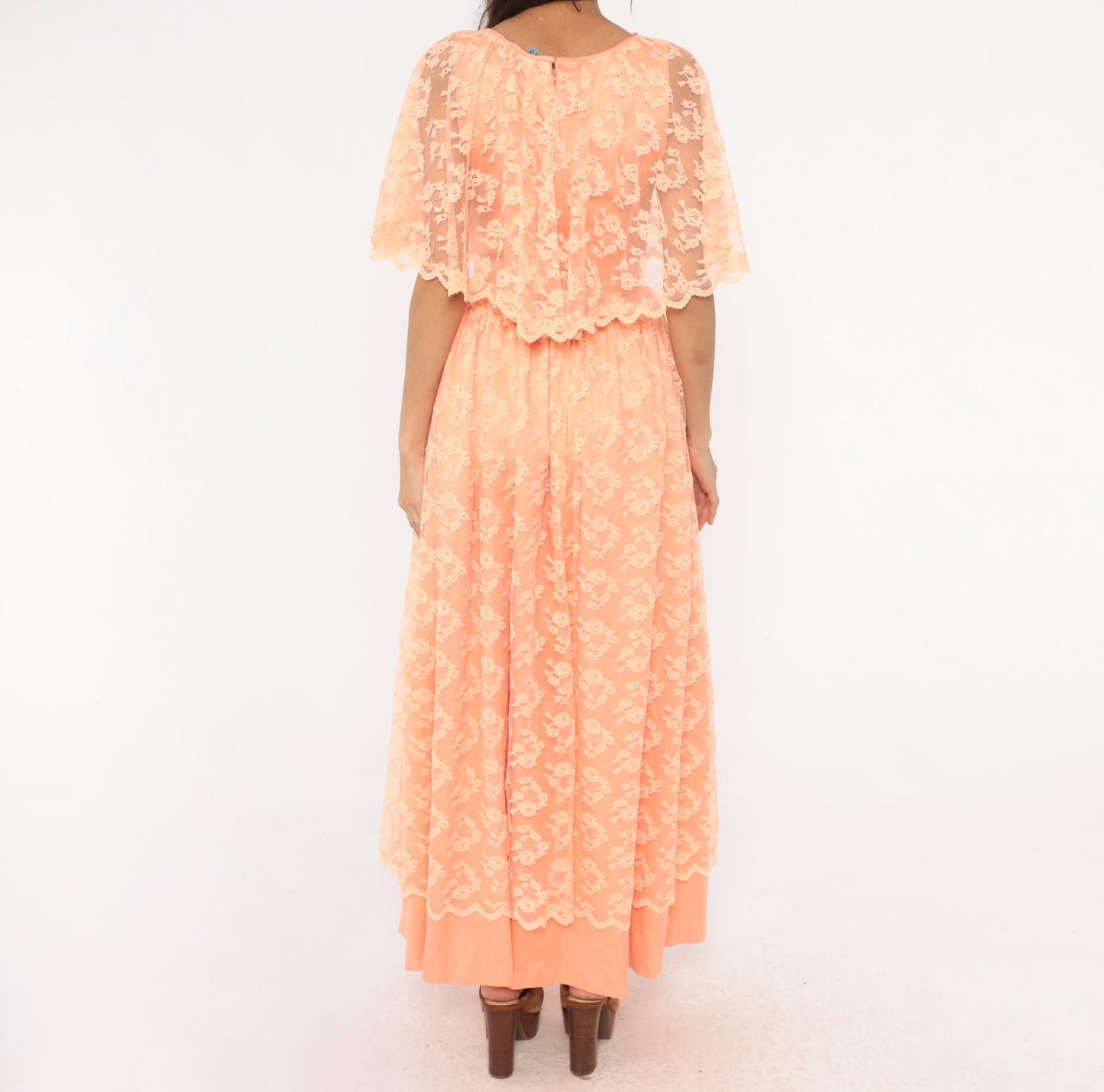 70s Peach Lace Maxi Dress Flutter Cape Sleeve Floral Overlay Small