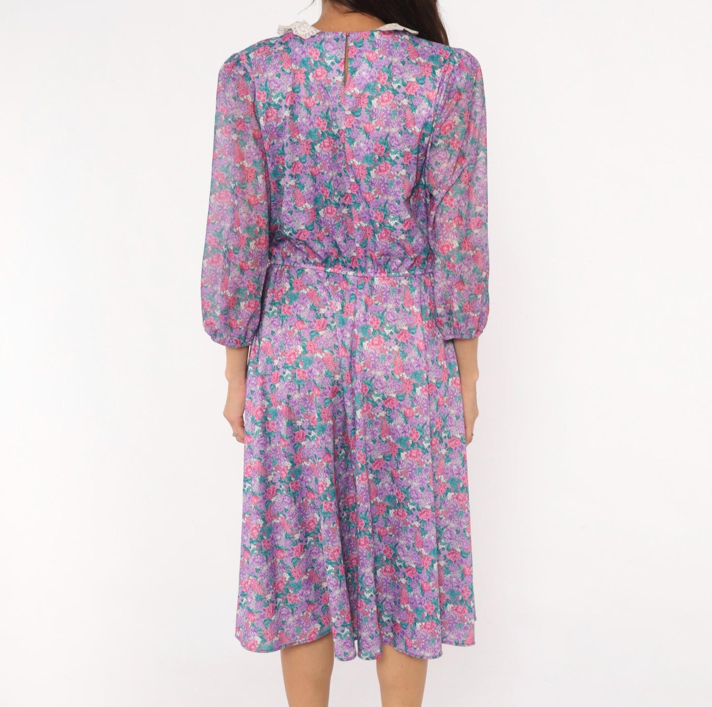 80s M.C.S.Ltd. Floral Midi Dress Puff Sleeve Peter Pan Collar Purple Large L
