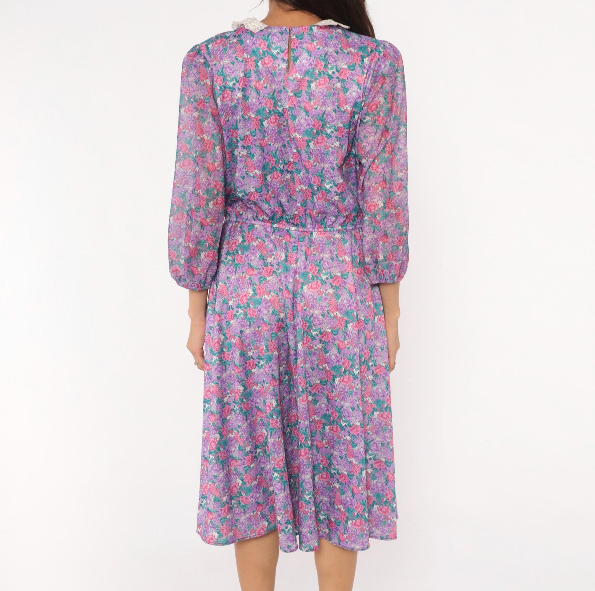 80s M.C.S.Ltd. Floral Midi Dress Puff Sleeve Peter Pan Collar Purple Large L