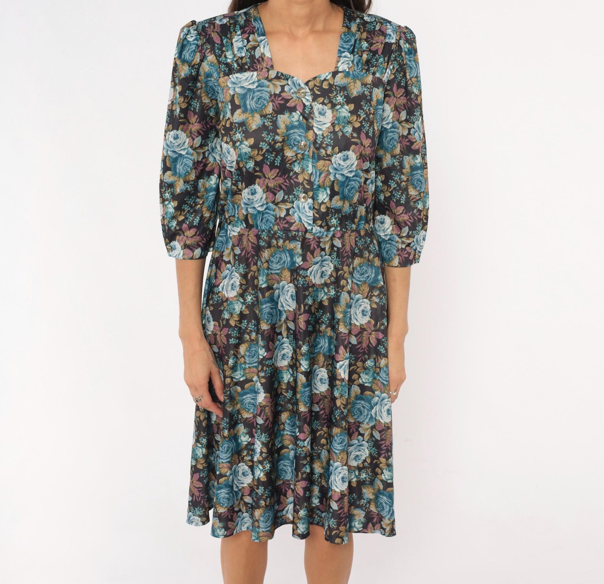 80s Rose Floral Button-Front Dress Blue Sweetheart Puff Sleeve Midi Large L