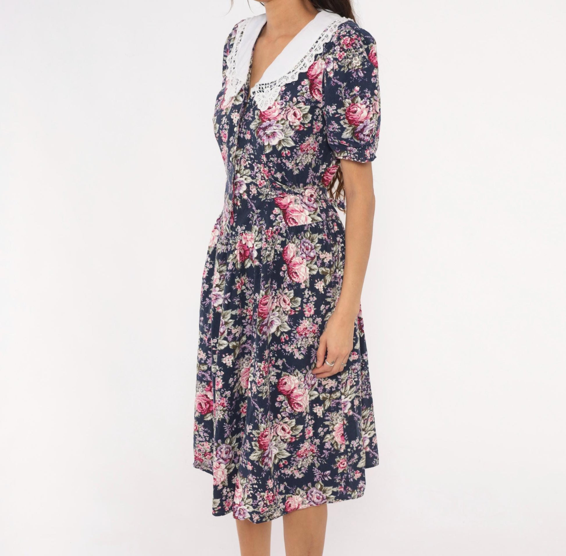 90s Especially Yours Navy Floral Midi Dress Lace Collar Puff Sleeve Medium M